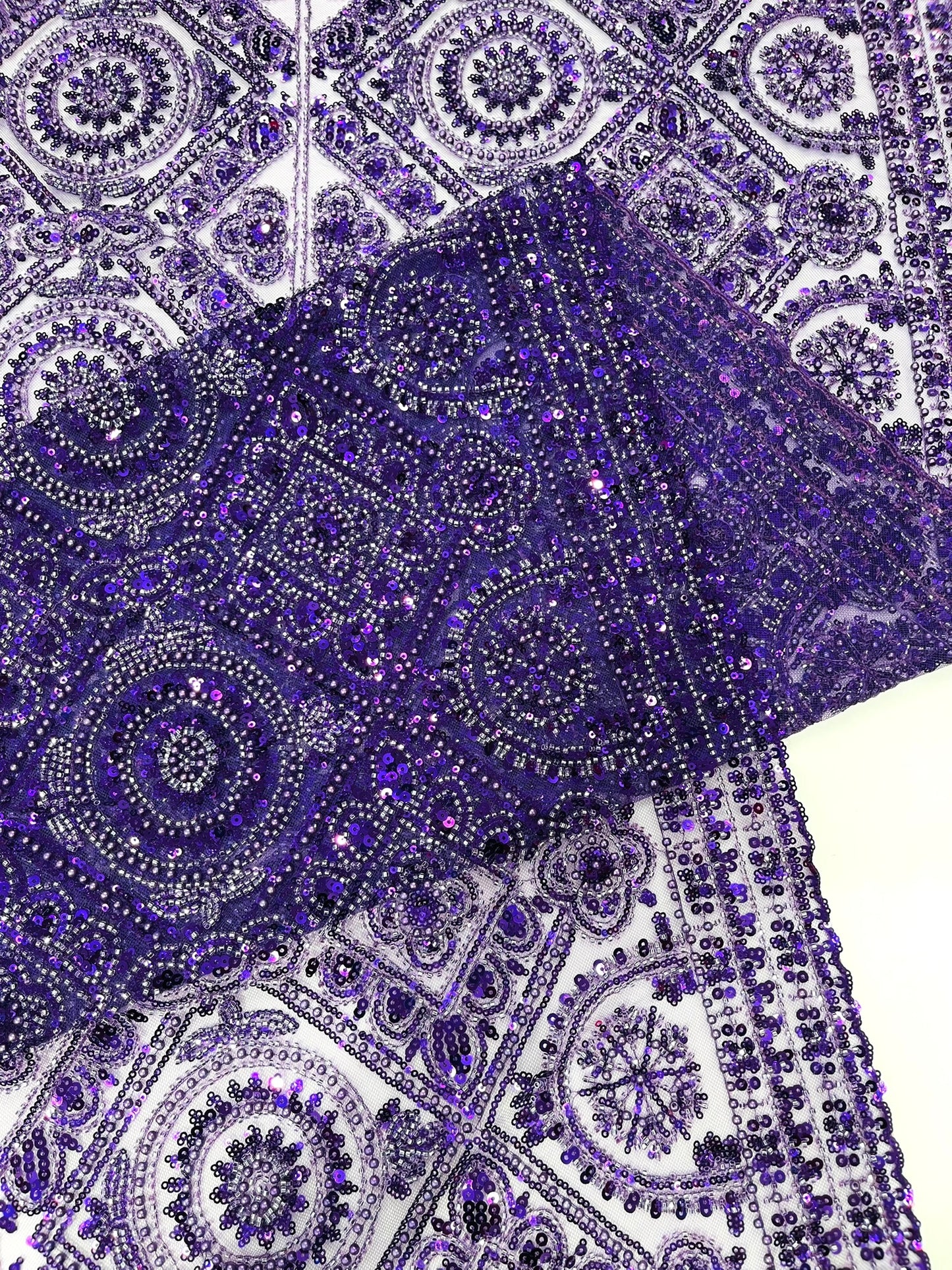 Beaded Lace Fabric, Heavy Embroidered Geometric Design on 58" Mesh