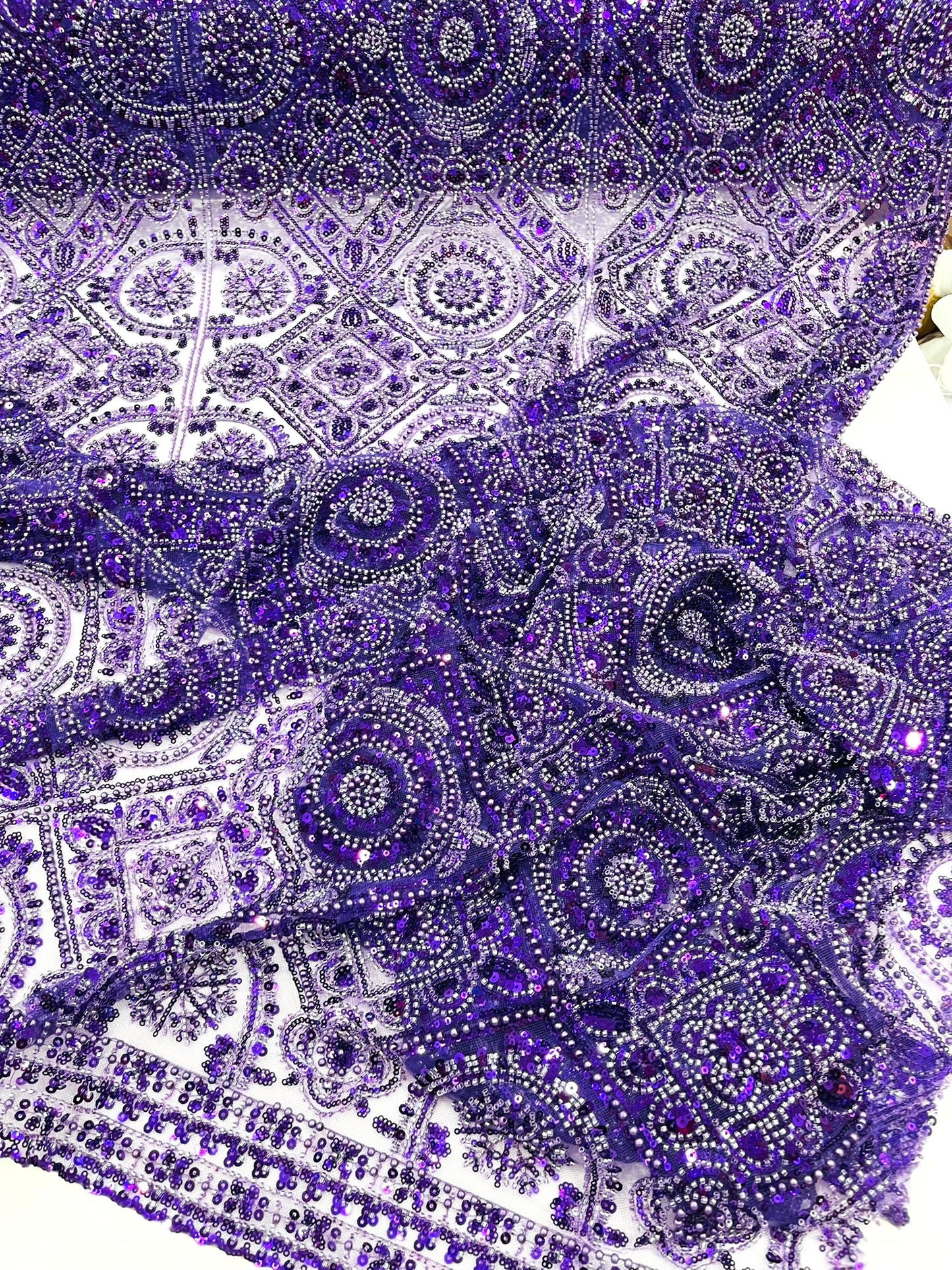 Beaded Lace Fabric, Heavy Embroidered Geometric Design on 58" Mesh