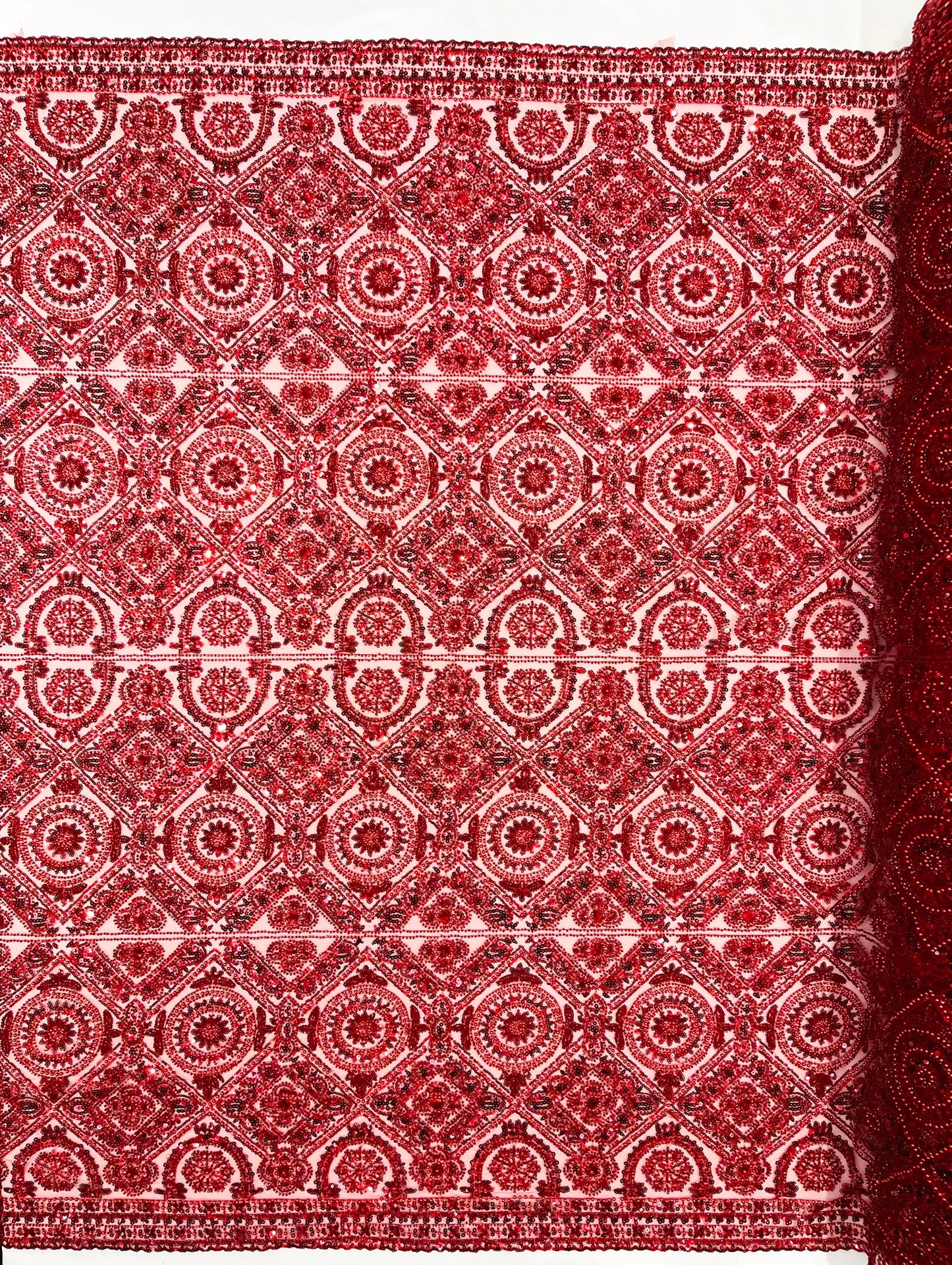 Beaded Lace Fabric, Heavy Embroidered Geometric Design on 58" Mesh