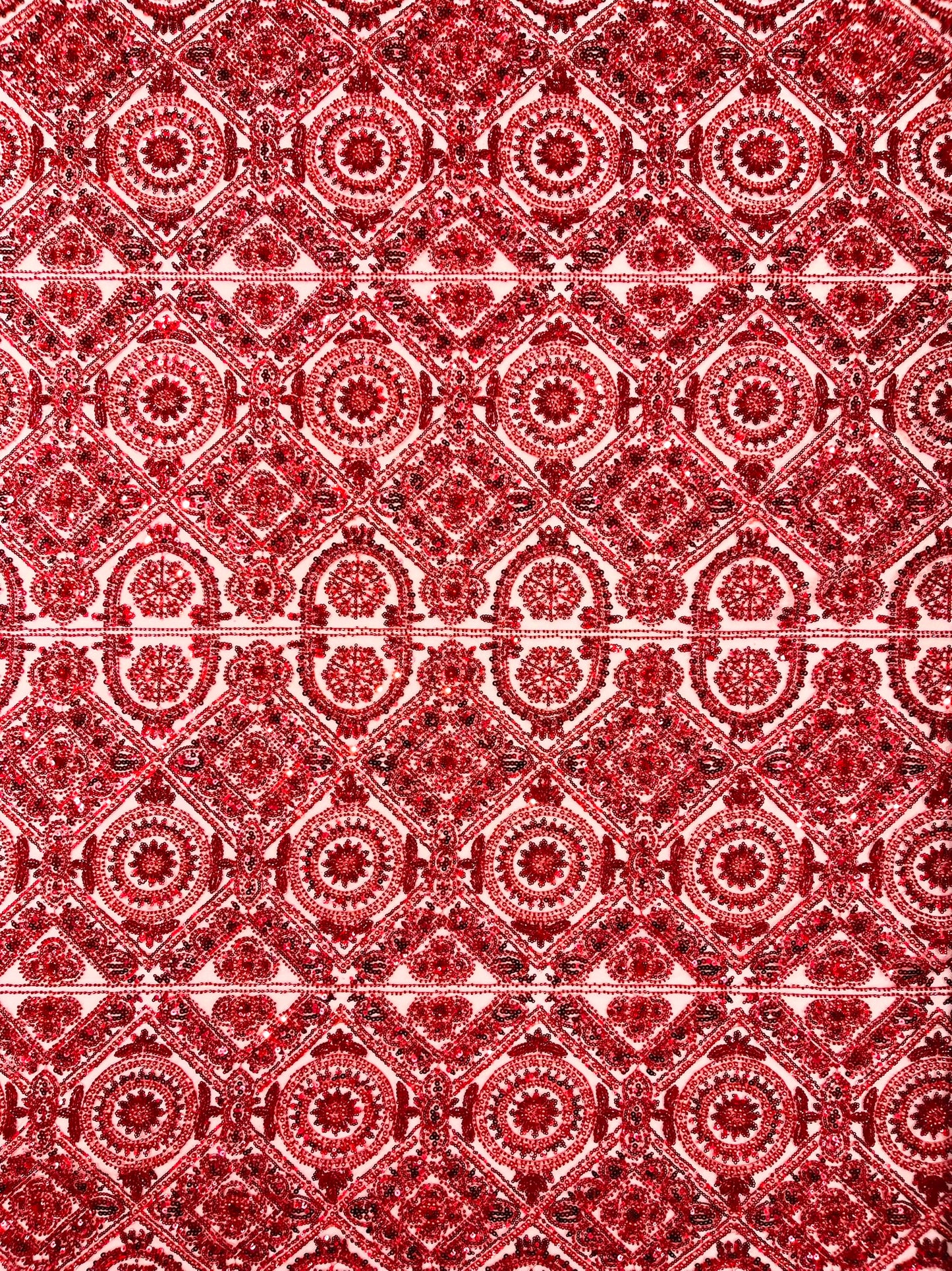 Beaded Lace Fabric, Heavy Embroidered Geometric Design on 58" Mesh