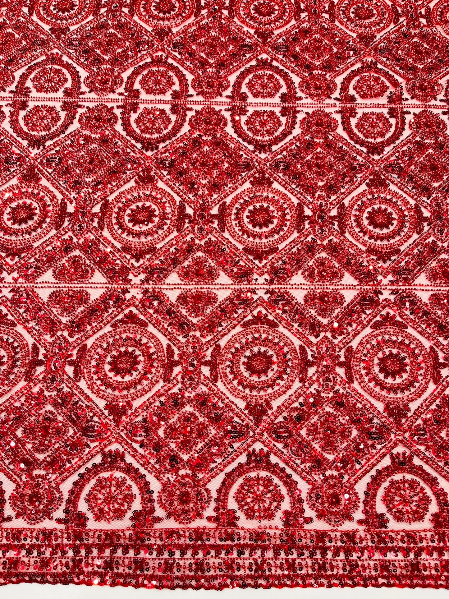 Beaded Lace Fabric, Heavy Embroidered Geometric Design on 58" Mesh