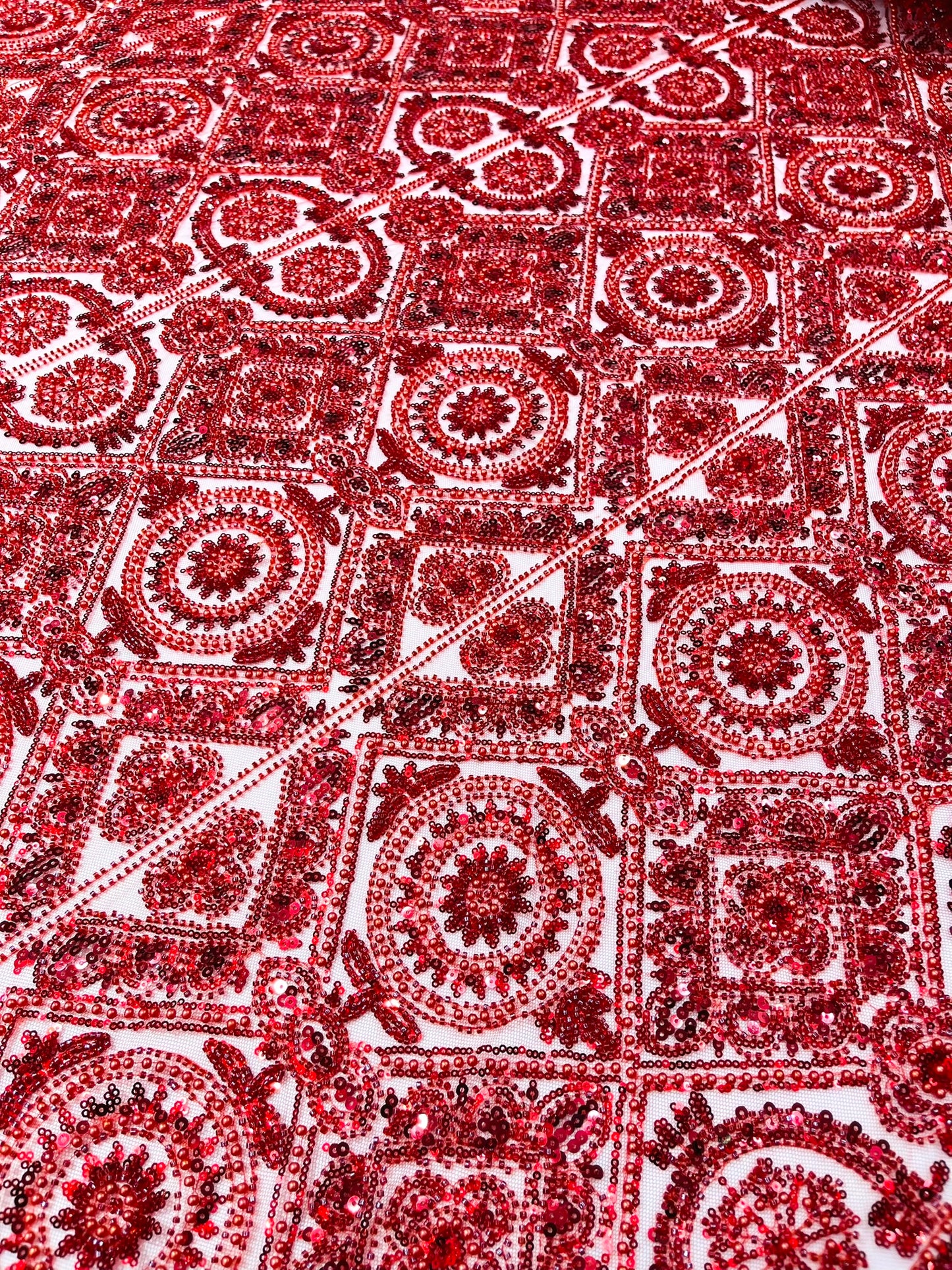 Beaded Lace Fabric, Heavy Embroidered Geometric Design on 58" Mesh