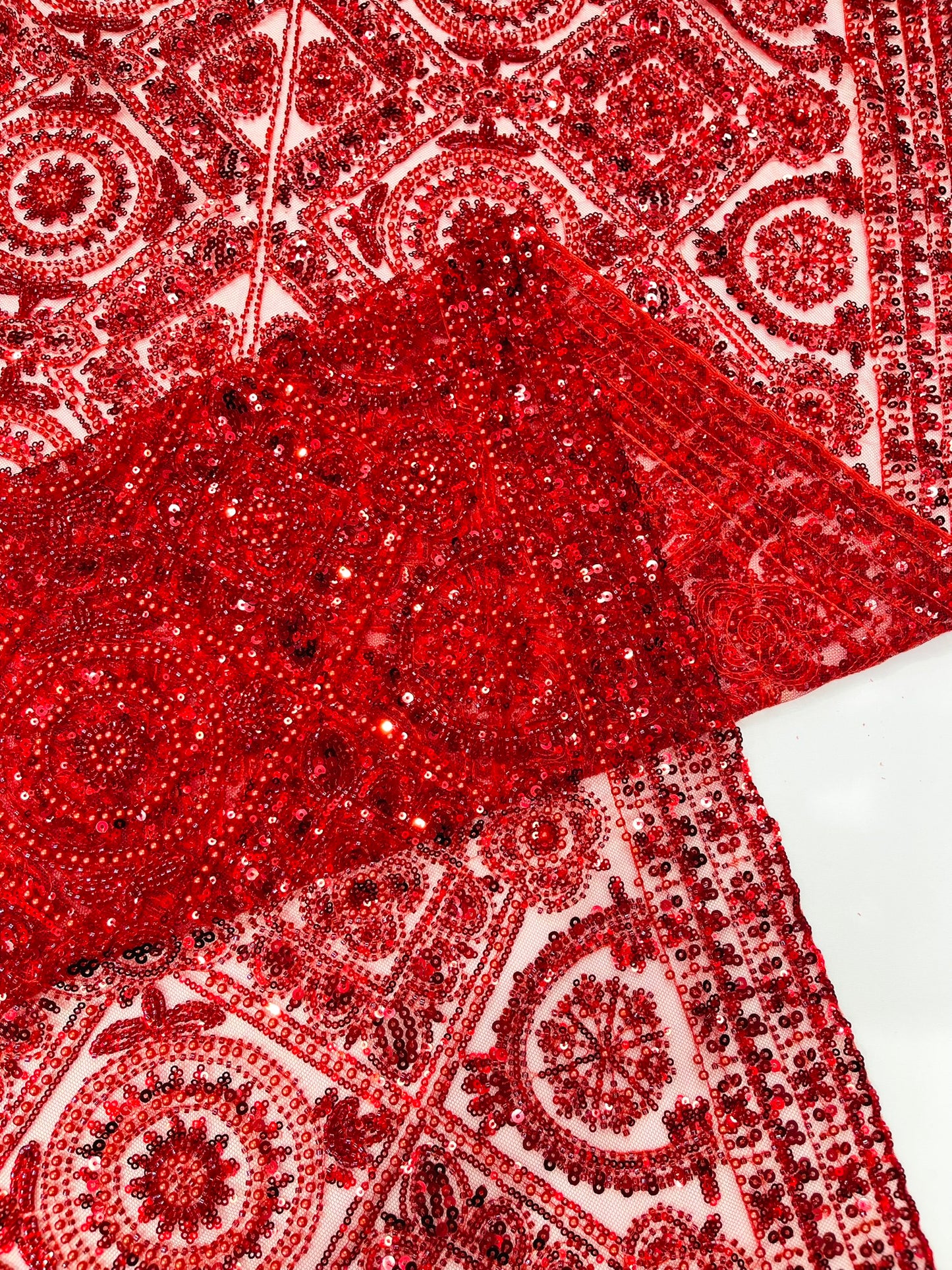 Beaded Lace Fabric, Heavy Embroidered Geometric Design on 58" Mesh