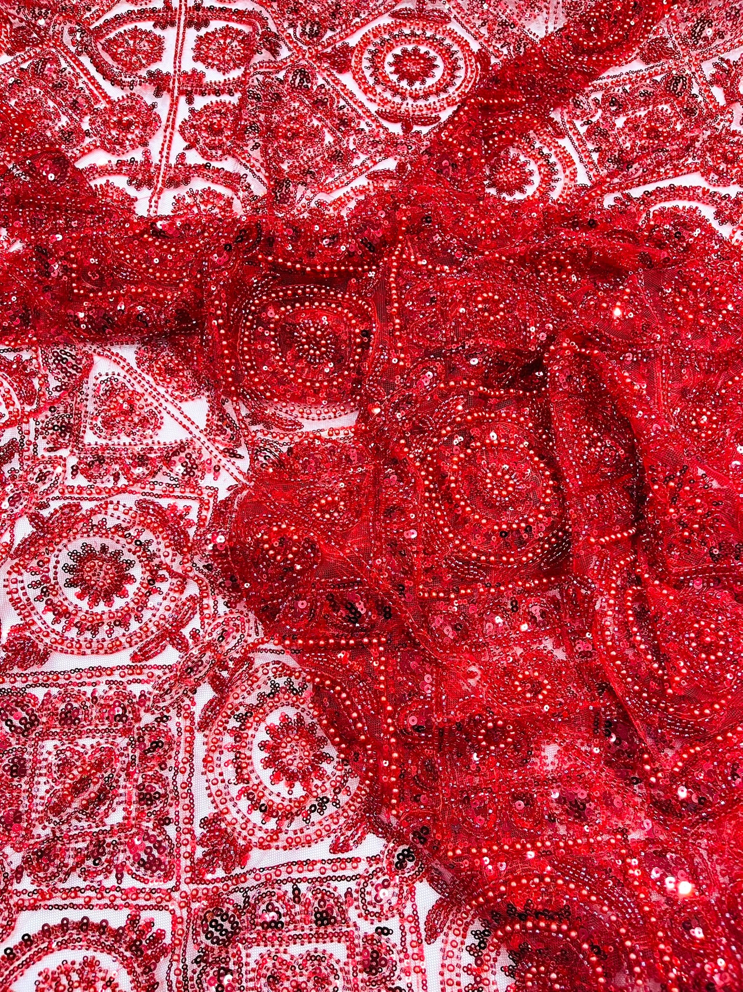 Beaded Lace Fabric, Heavy Embroidered Geometric Design on 58" Mesh