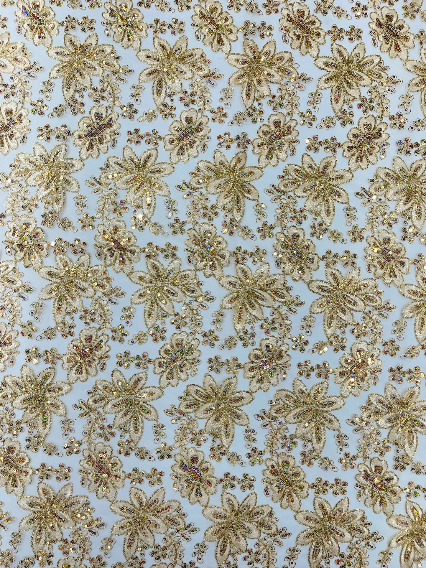 Metallic floral lace design embroidered 54" Wide | New Creations Fabric & Foam Inc.