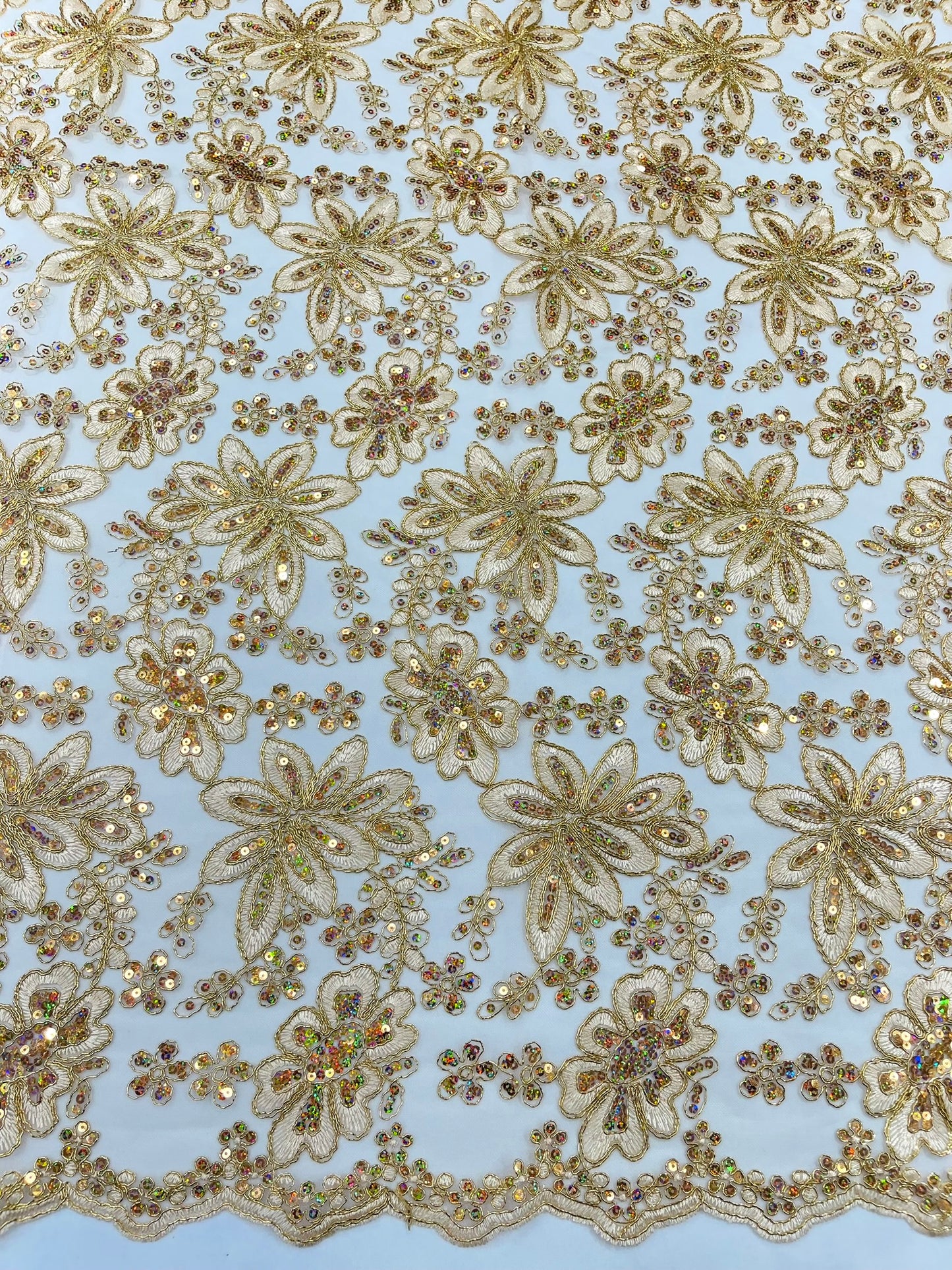 Metallic floral lace design embroidered 54" Wide | New Creations Fabric & Foam Inc.