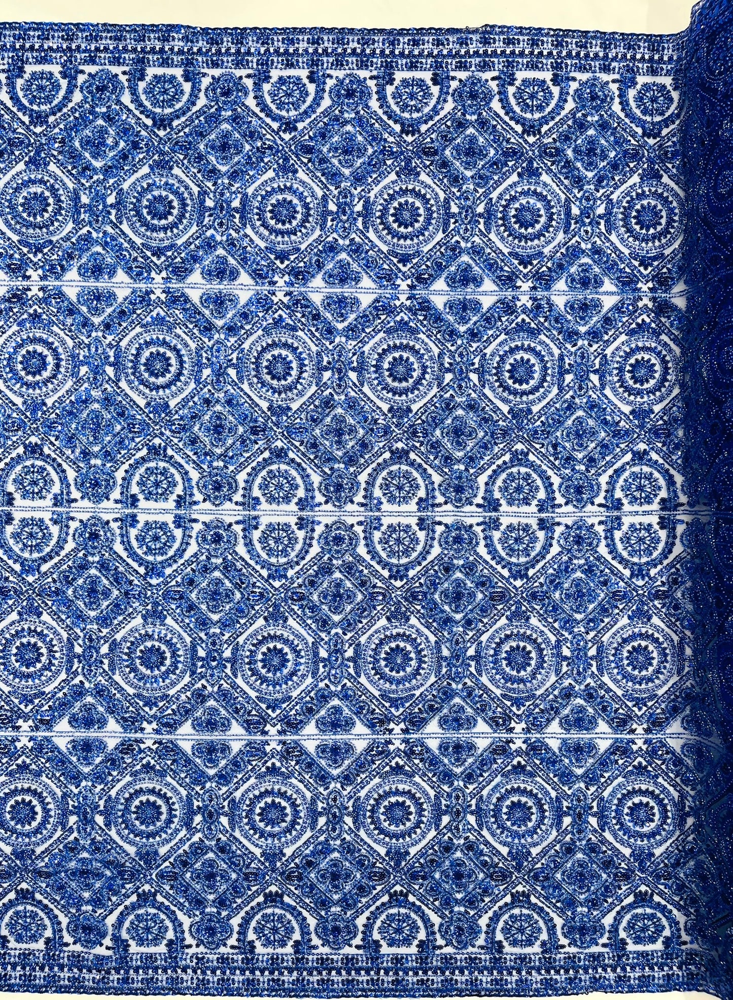 Beaded Lace Fabric, Heavy Embroidered Geometric Design on 58" Mesh