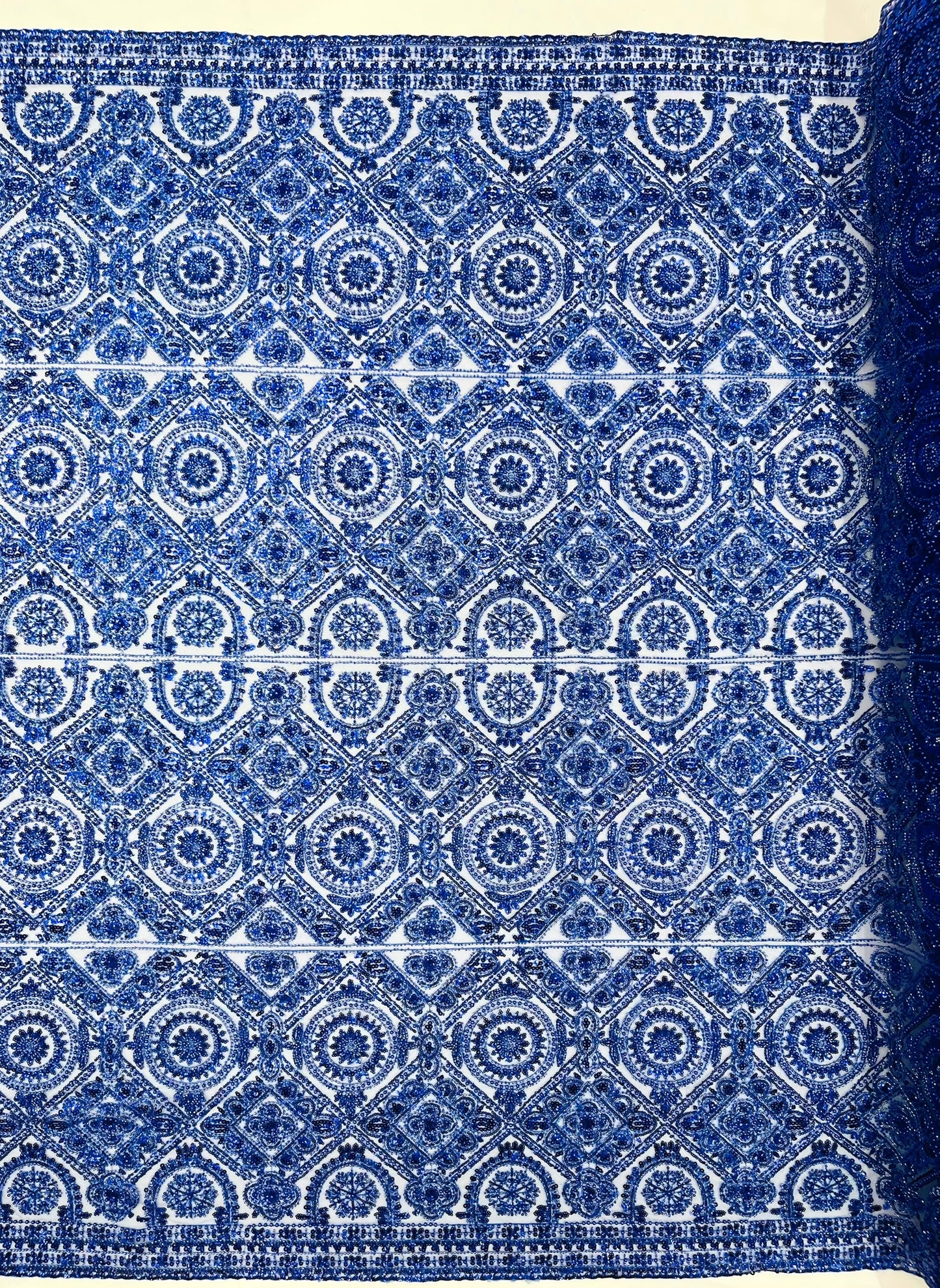 Beaded Lace Fabric, Heavy Embroidered Geometric Design on 58" Mesh