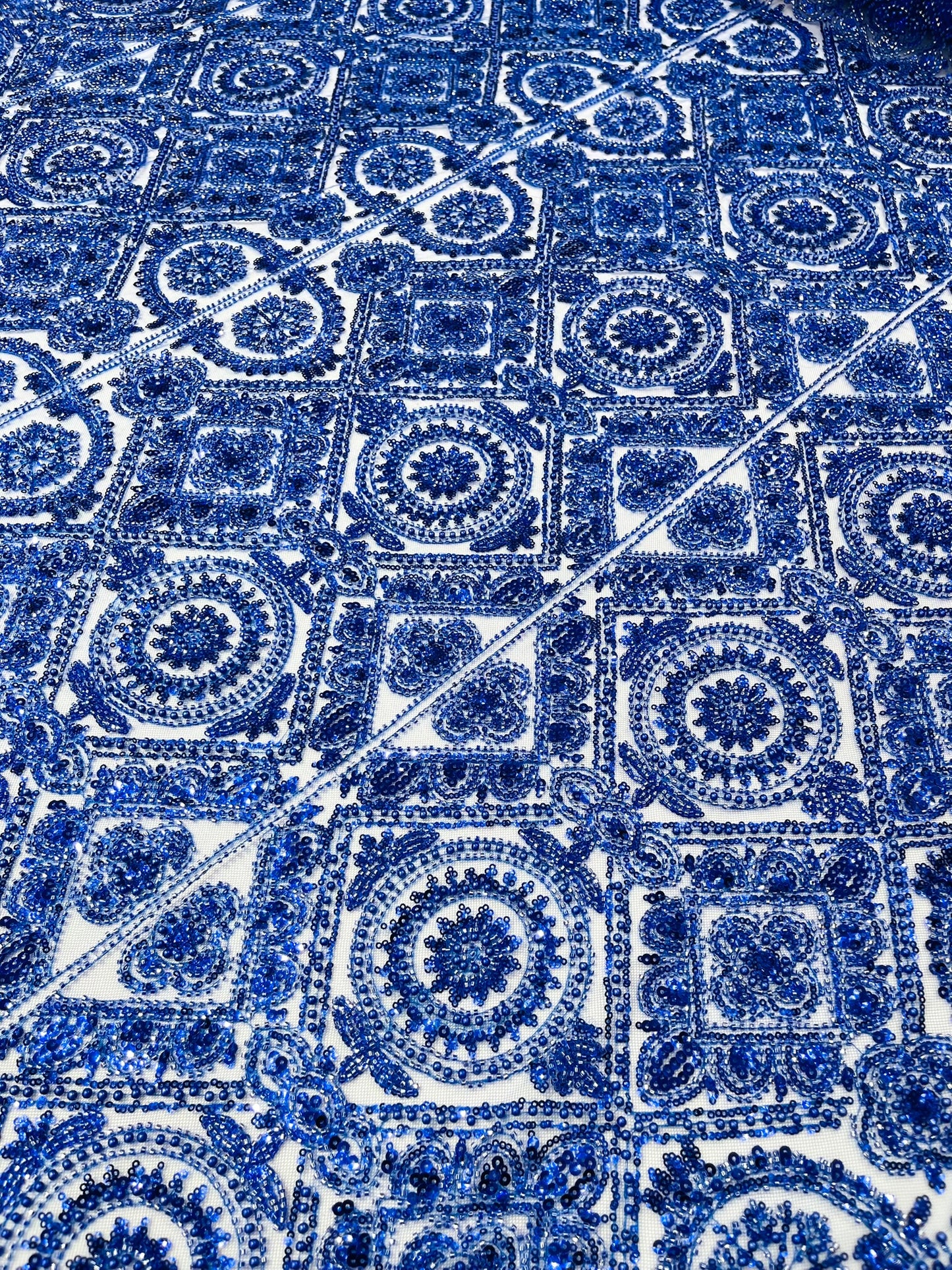 Beaded Lace Fabric, Heavy Embroidered Geometric Design on 58" Mesh