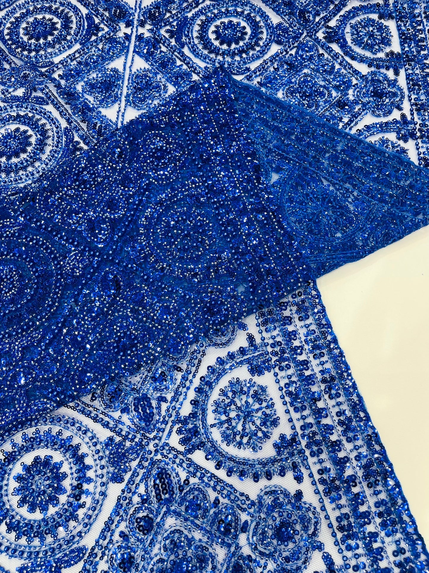Beaded Lace Fabric, Heavy Embroidered Geometric Design on 58" Mesh