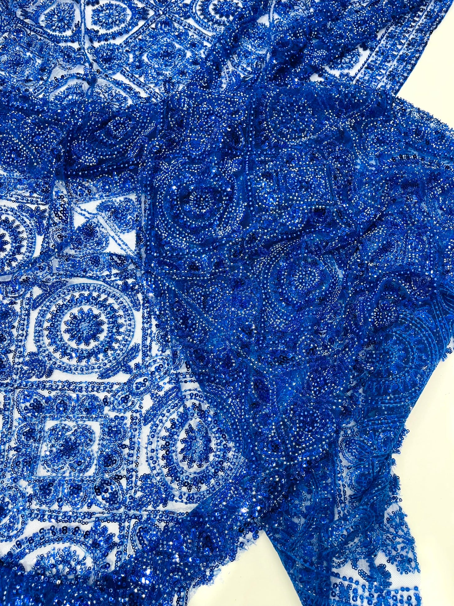 Beaded Lace Fabric, Heavy Embroidered Geometric Design on 58" Mesh