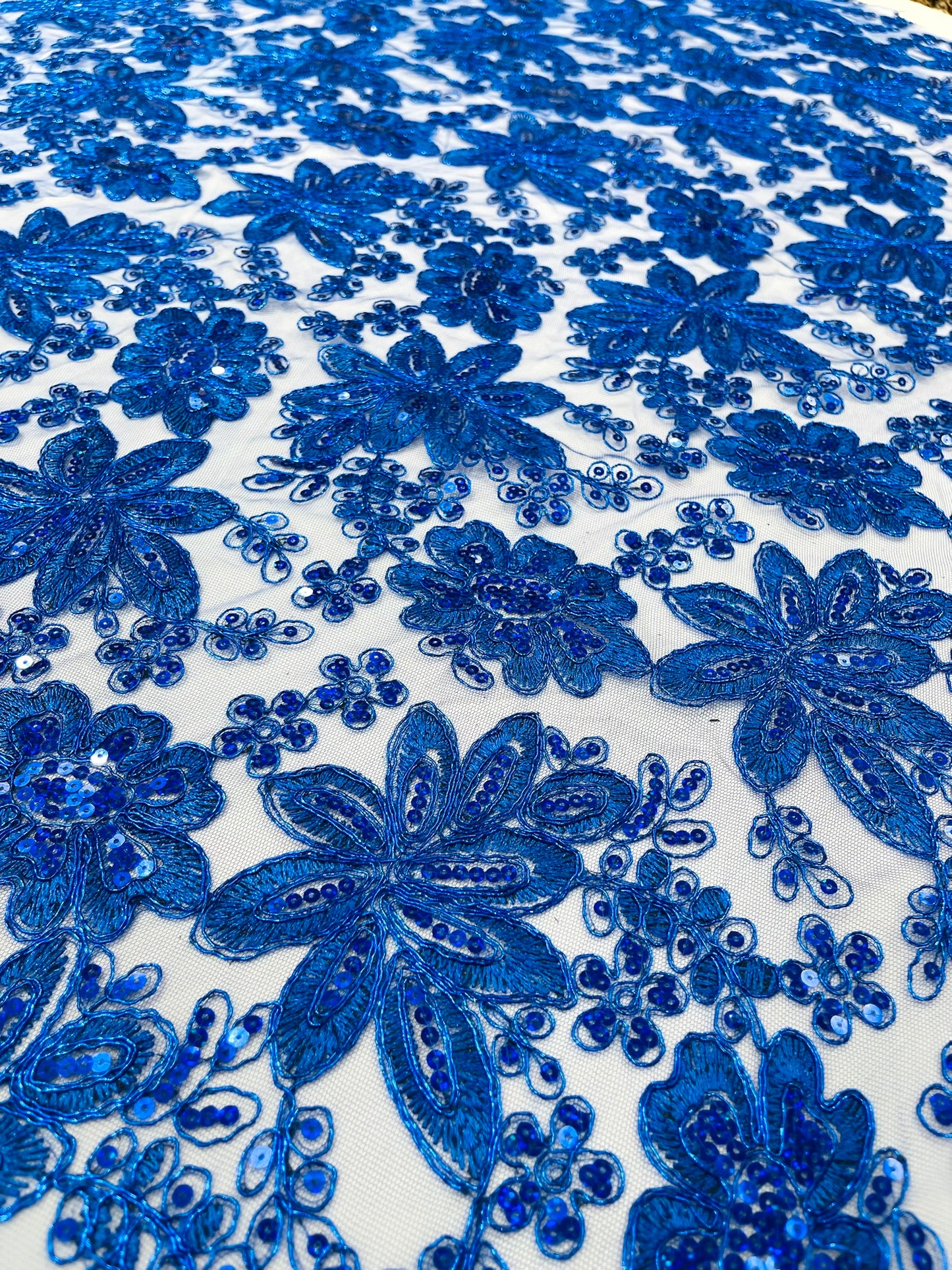 Metallic floral lace design embroidered 54" Wide | New Creations Fabric & Foam Inc.