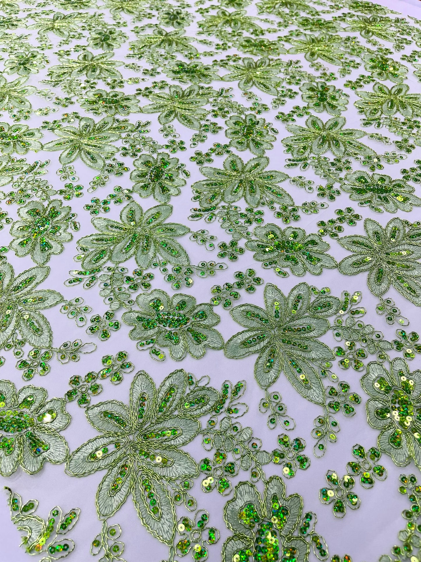 Metallic floral lace design embroidered 54" Wide | New Creations Fabric & Foam Inc.