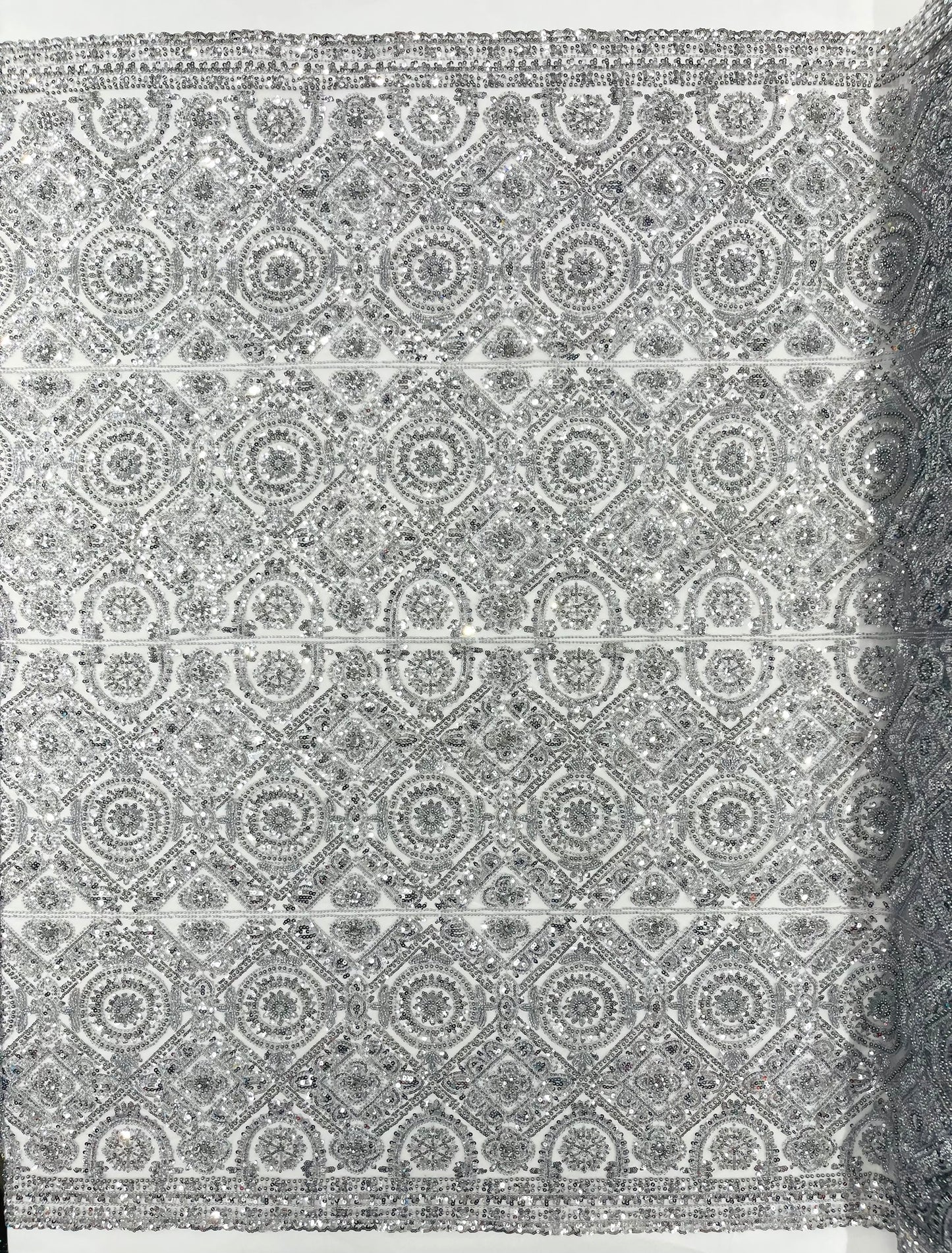 Beaded Lace Fabric, Heavy Embroidered Geometric Design on 58" Mesh