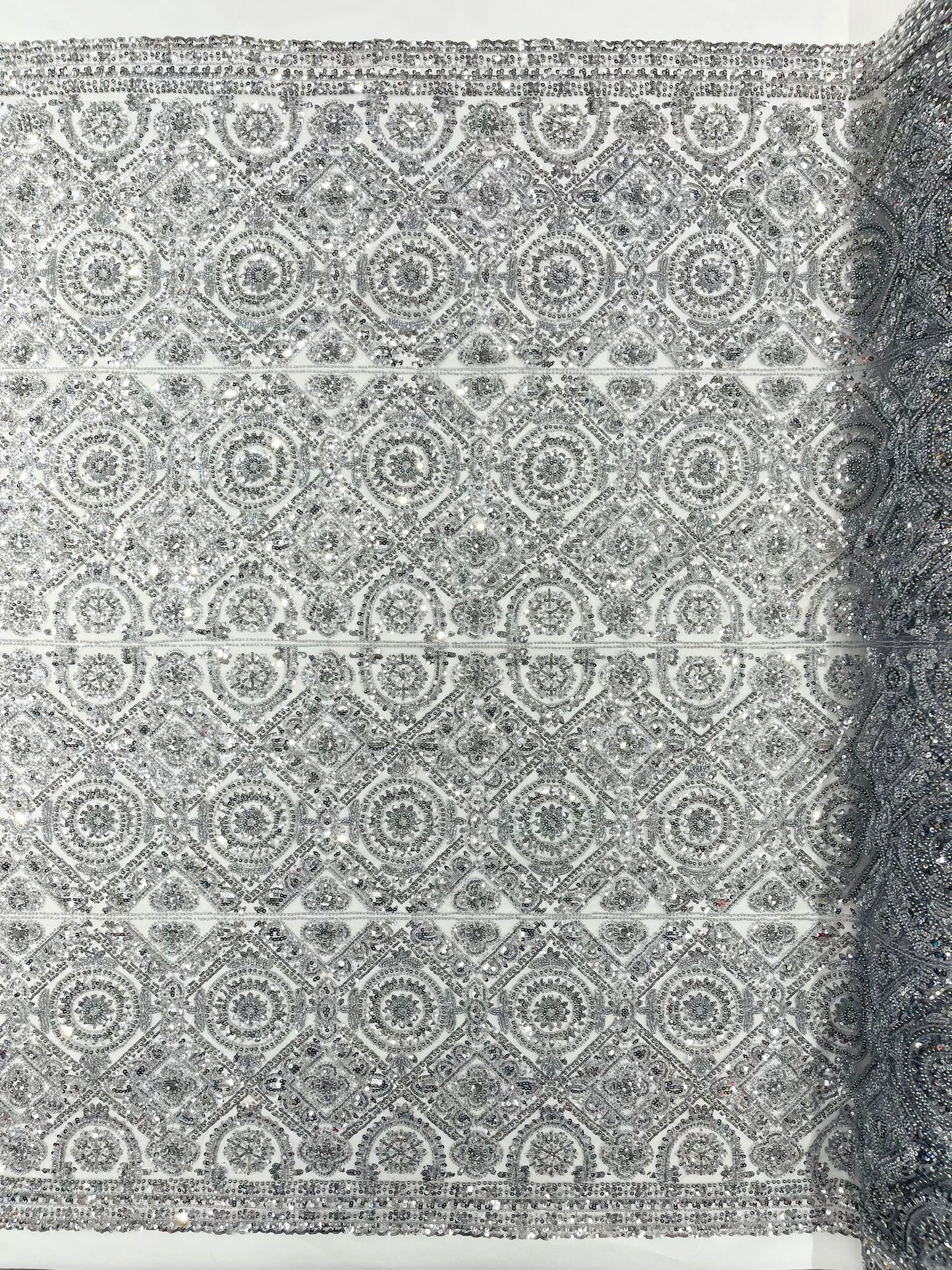 Beaded Lace Fabric, Heavy Embroidered Geometric Design on 58" Mesh