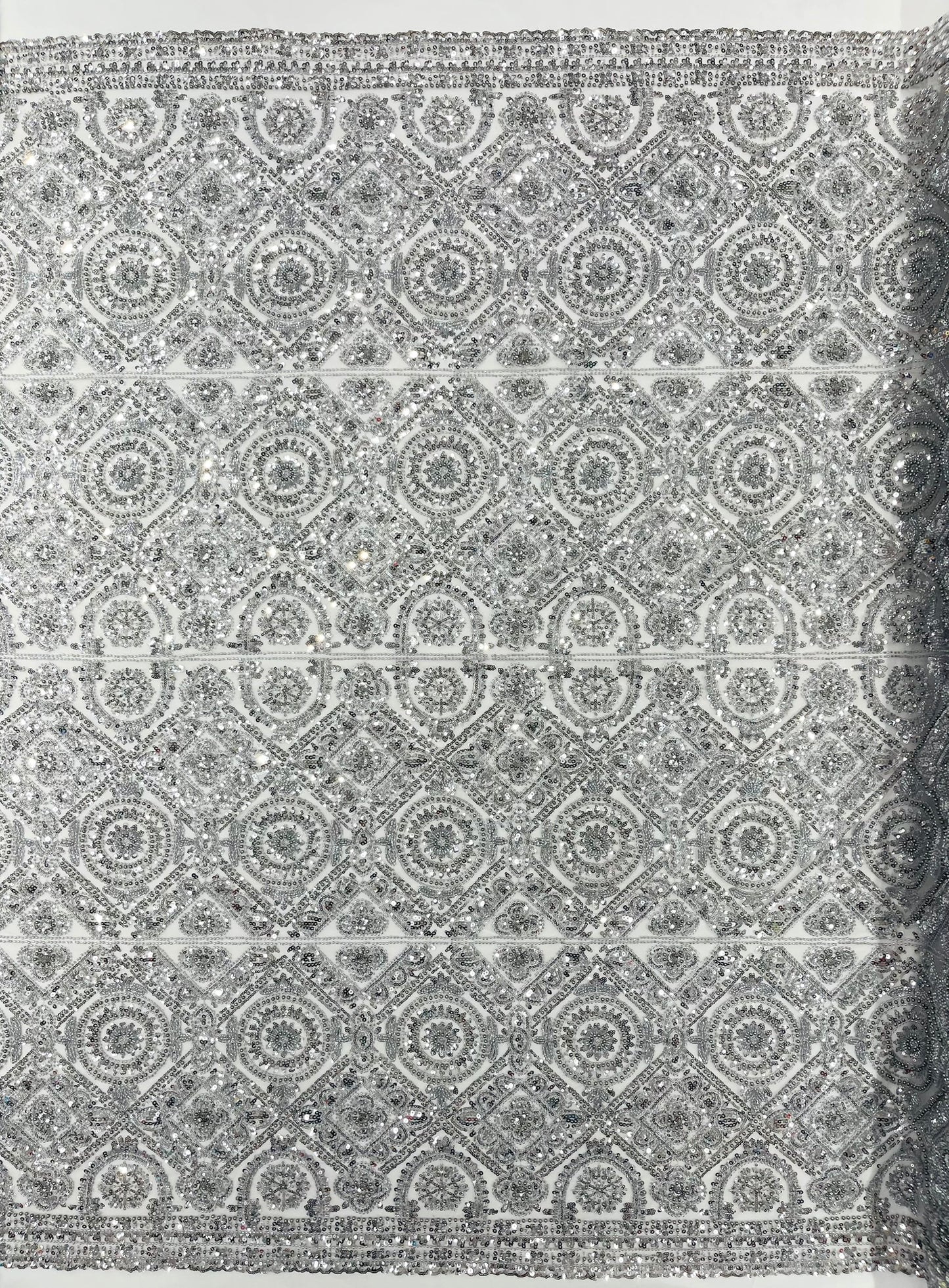 Beaded Lace Fabric, Heavy Embroidered Geometric Design on 58" Mesh