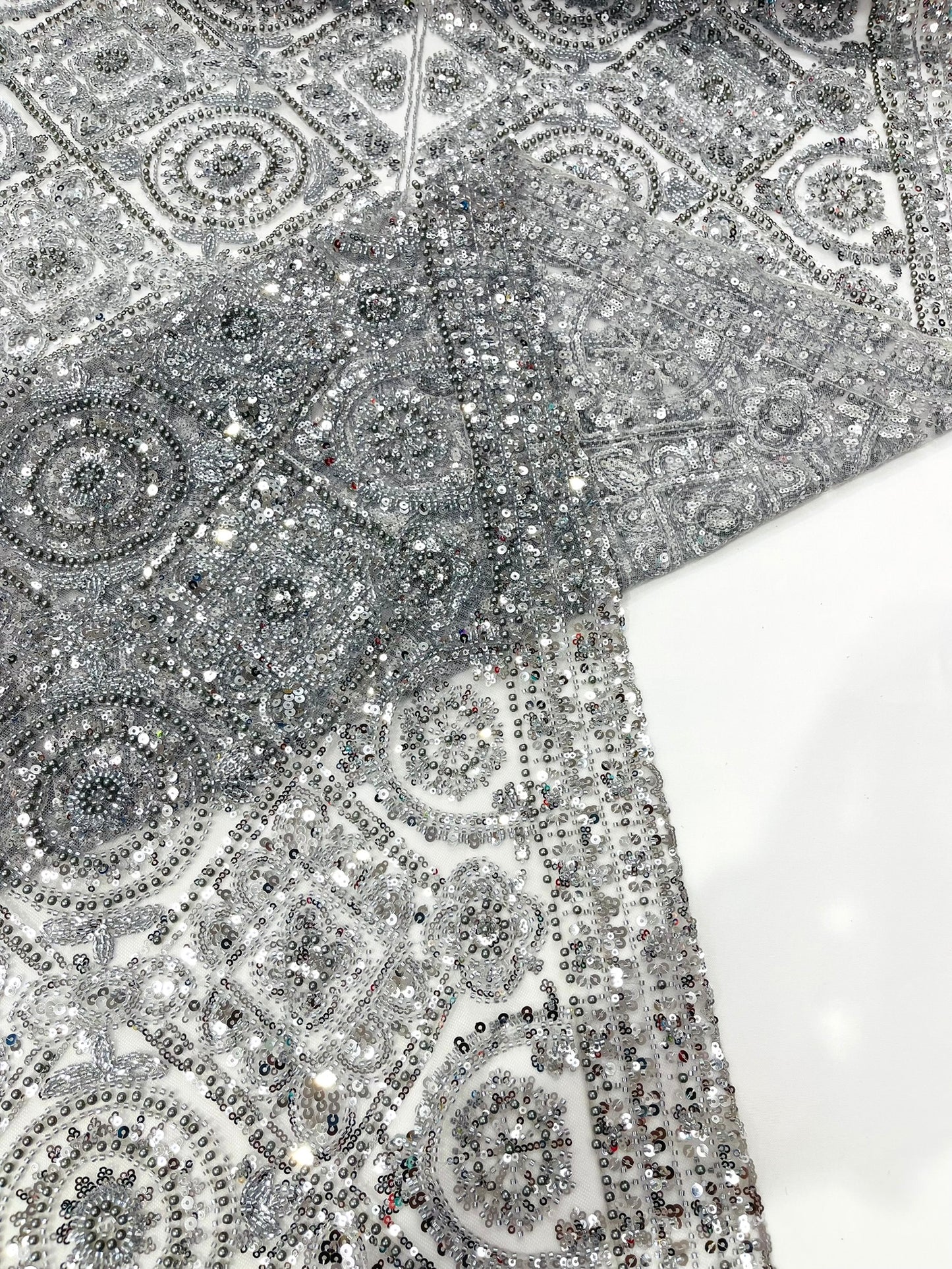 Beaded Lace Fabric, Heavy Embroidered Geometric Design on 58" Mesh