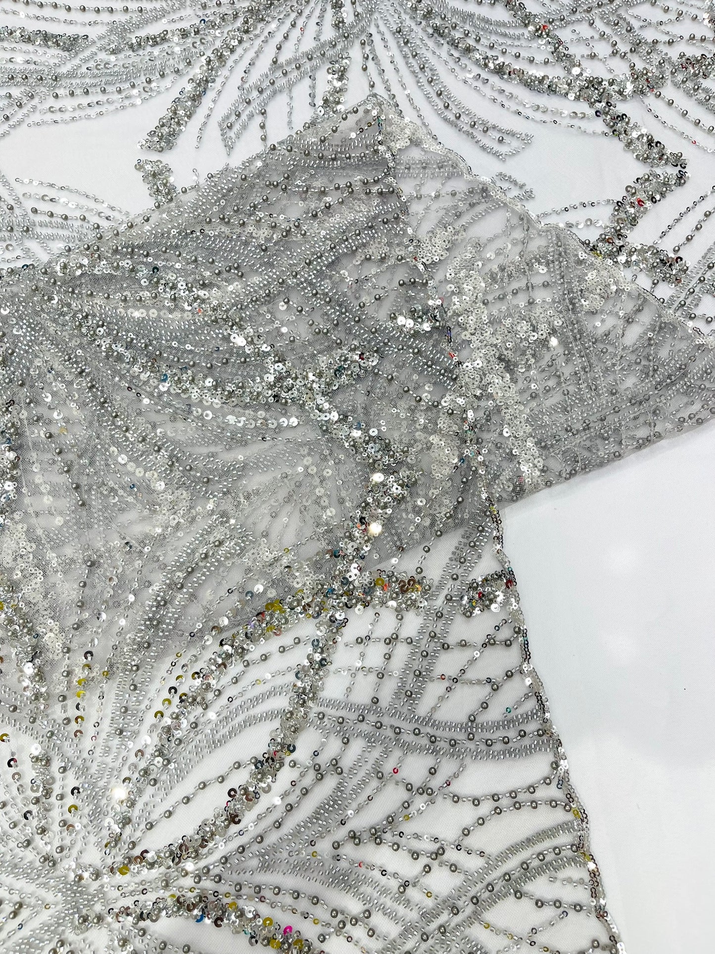 Beaded Lace Fabric, Heavy Embroidered Design on 58" Mesh for Dresses