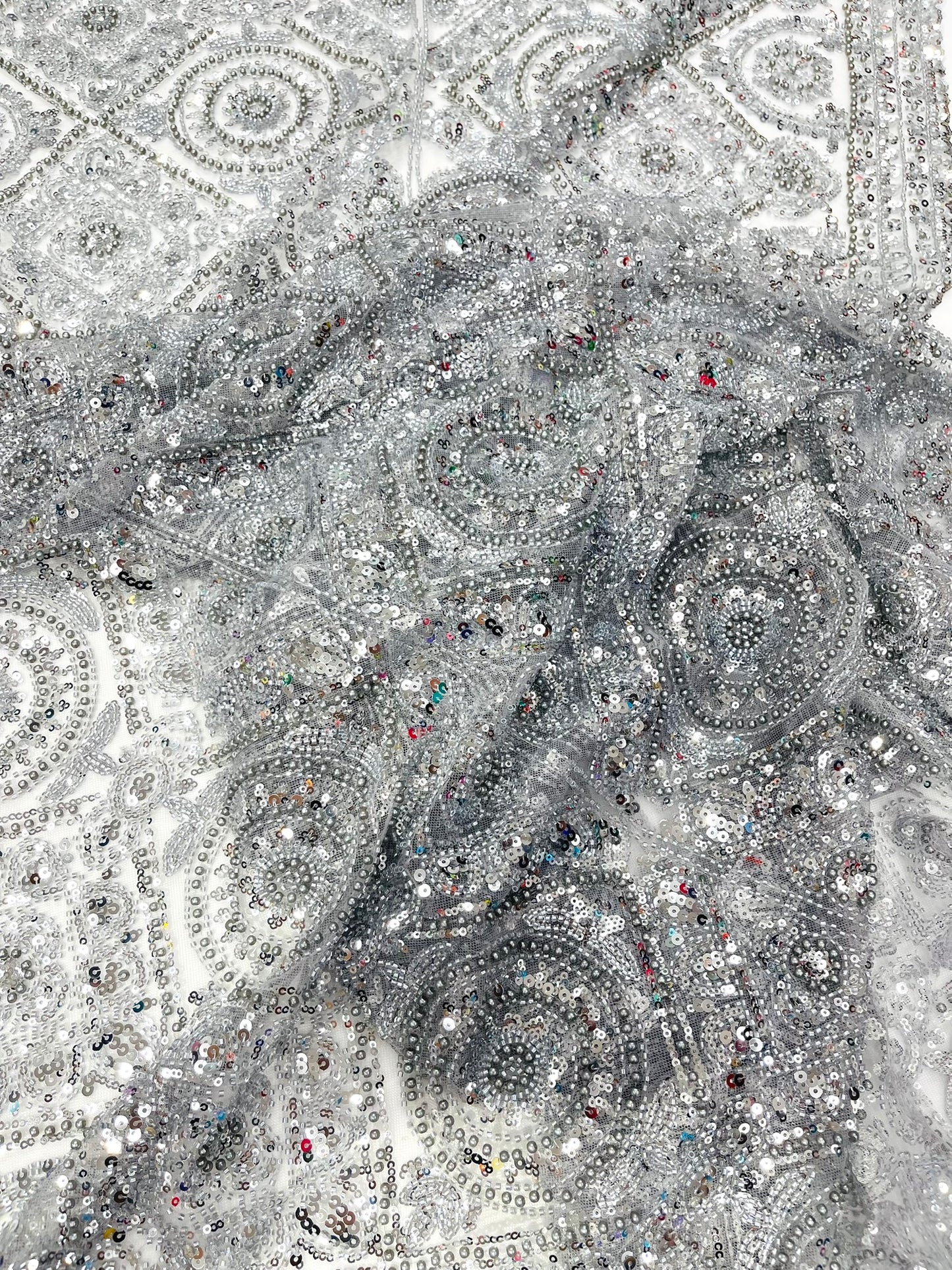 Beaded Lace Fabric, Heavy Embroidered Geometric Design on 58" Mesh