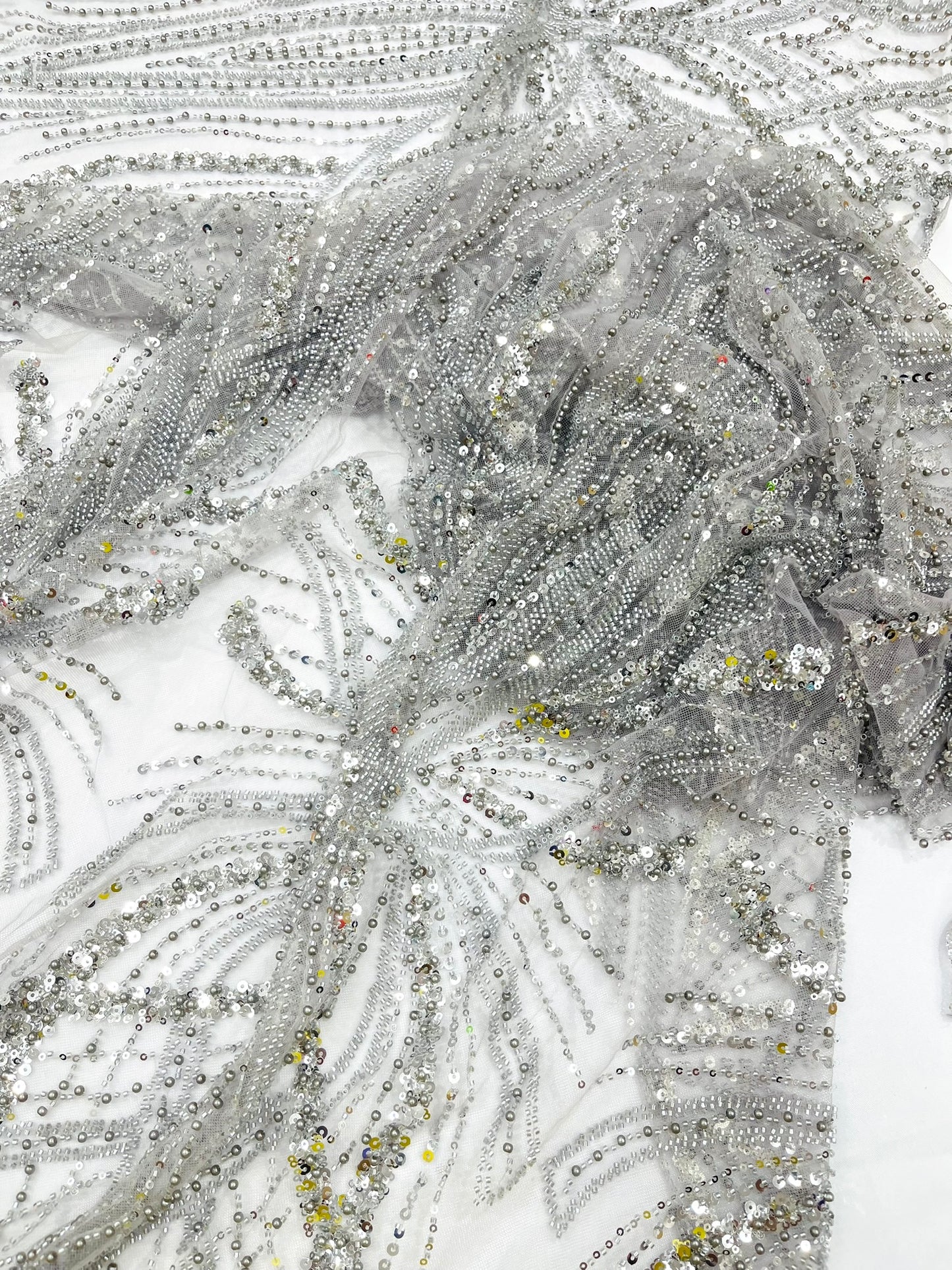 Beaded Lace Fabric, Heavy Embroidered Design on 58" Mesh for Dresses