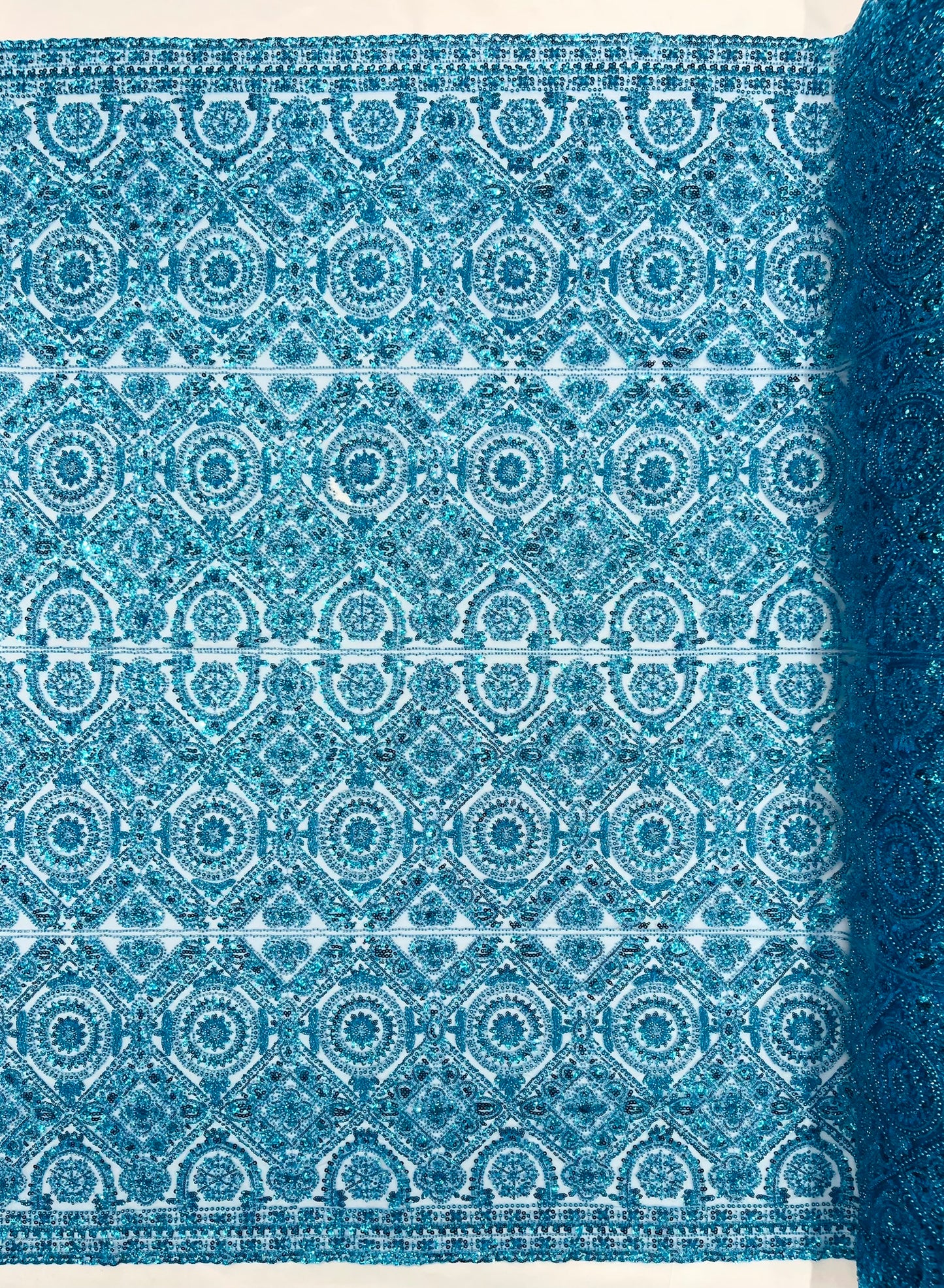 Beaded Lace Fabric, Heavy Embroidered Geometric Design on 58" Mesh