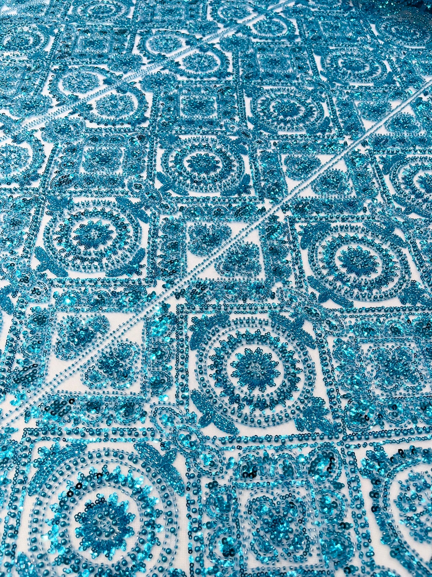 Beaded Lace Fabric, Heavy Embroidered Geometric Design on 58" Mesh