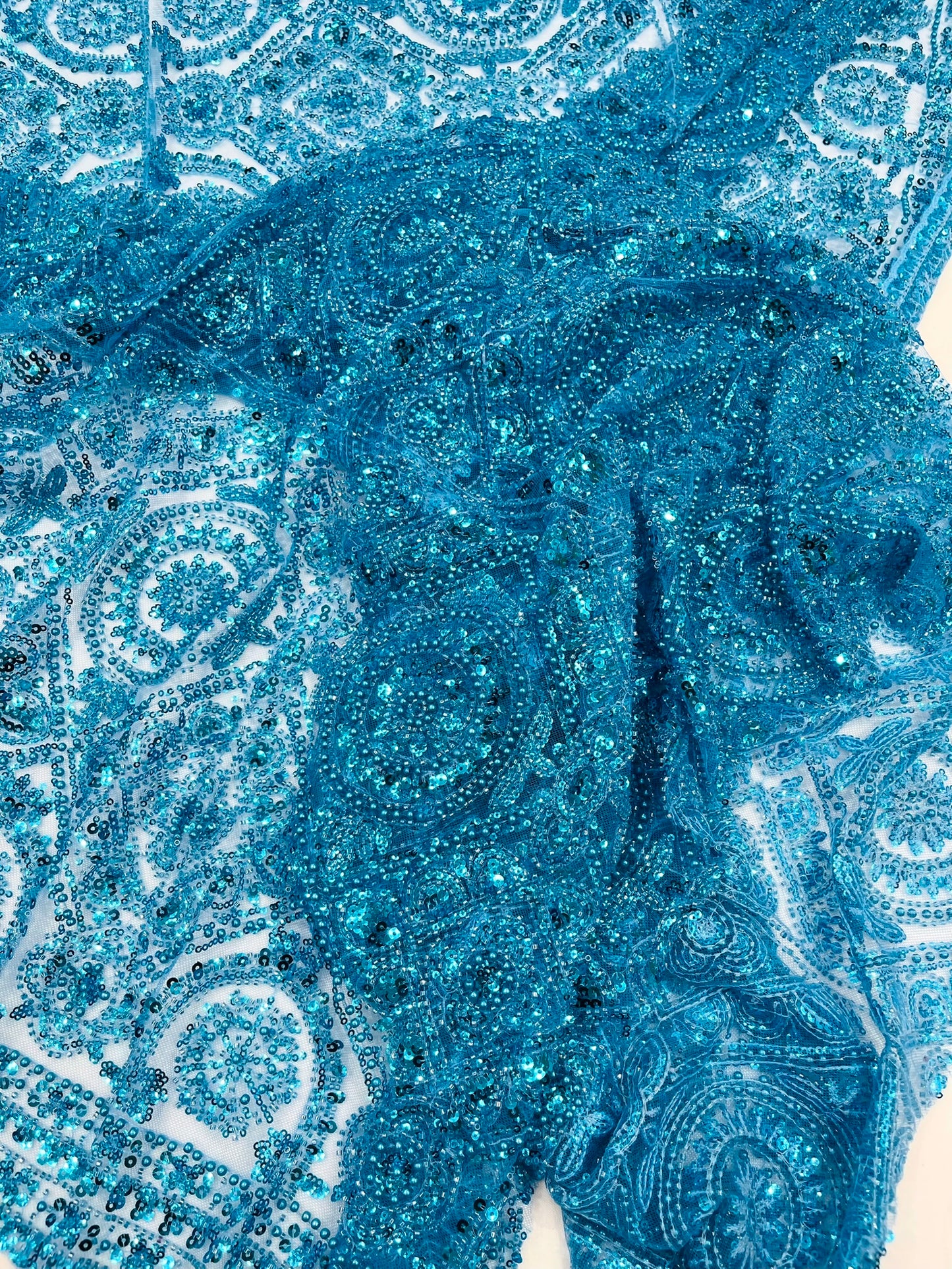 Beaded Lace Fabric, Heavy Embroidered Geometric Design on 58" Mesh