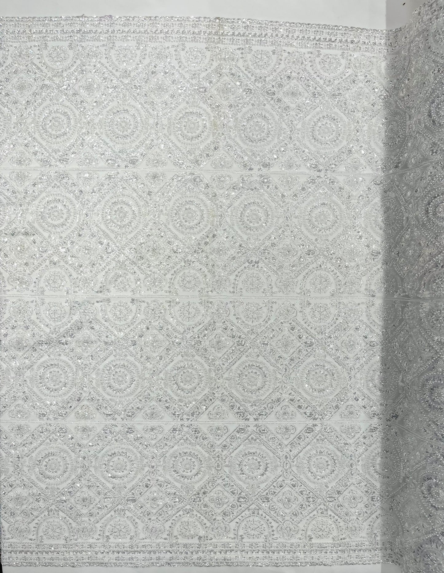 Beaded Lace Fabric, Heavy Embroidered Geometric Design on 58" Mesh