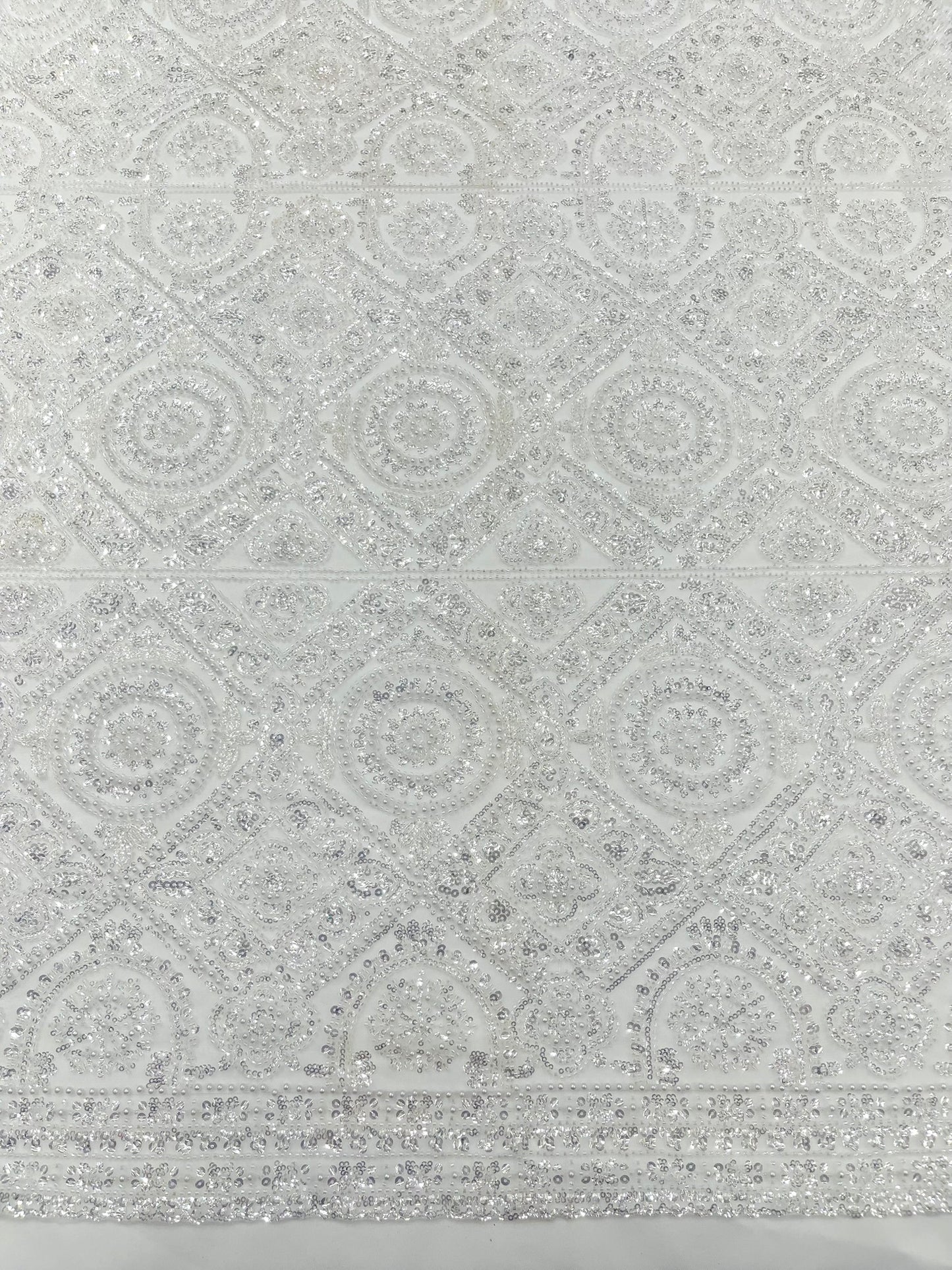Beaded Lace Fabric, Heavy Embroidered Geometric Design on 58" Mesh