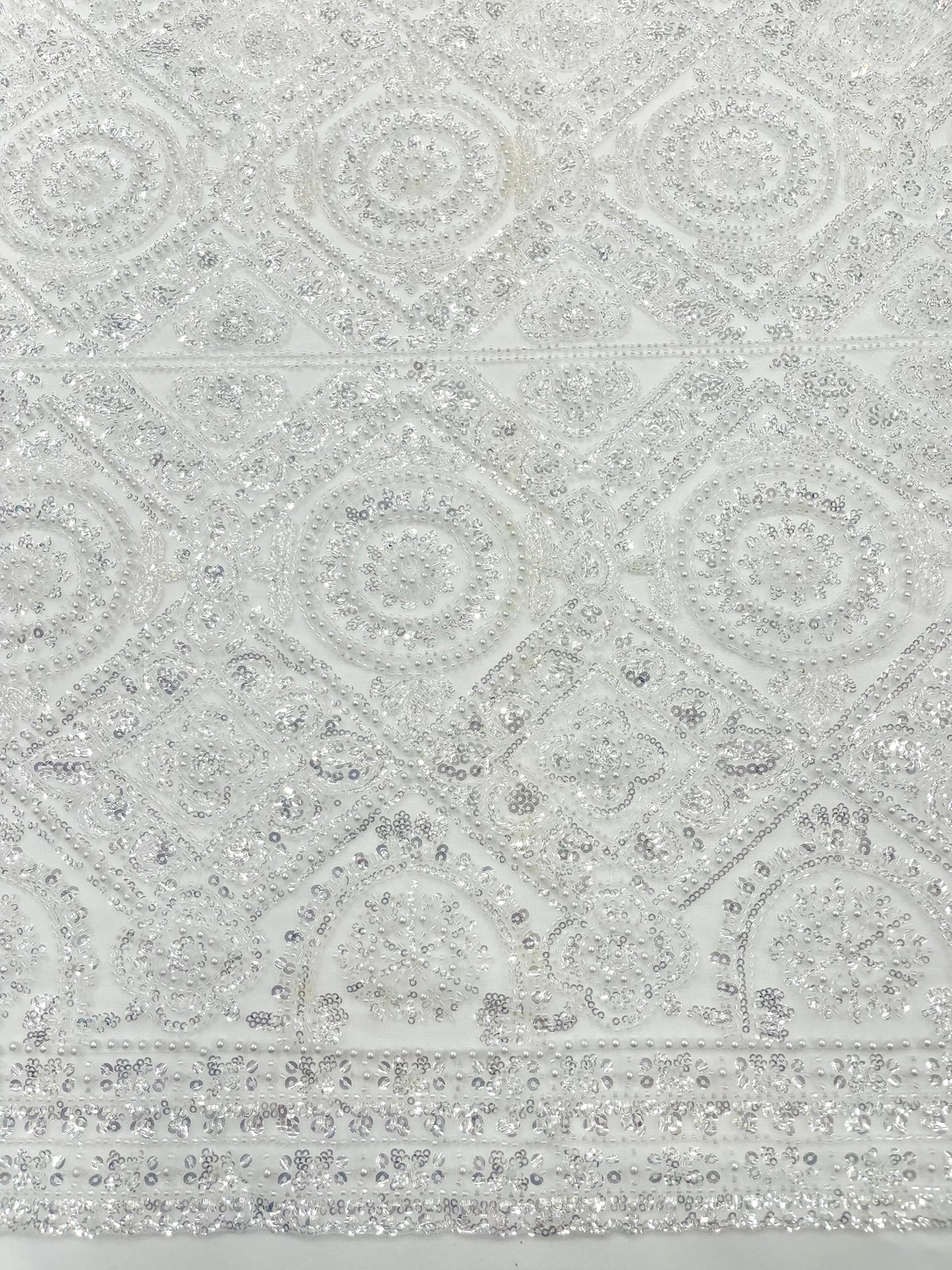 Beaded Lace Fabric, Heavy Embroidered Geometric Design on 58" Mesh