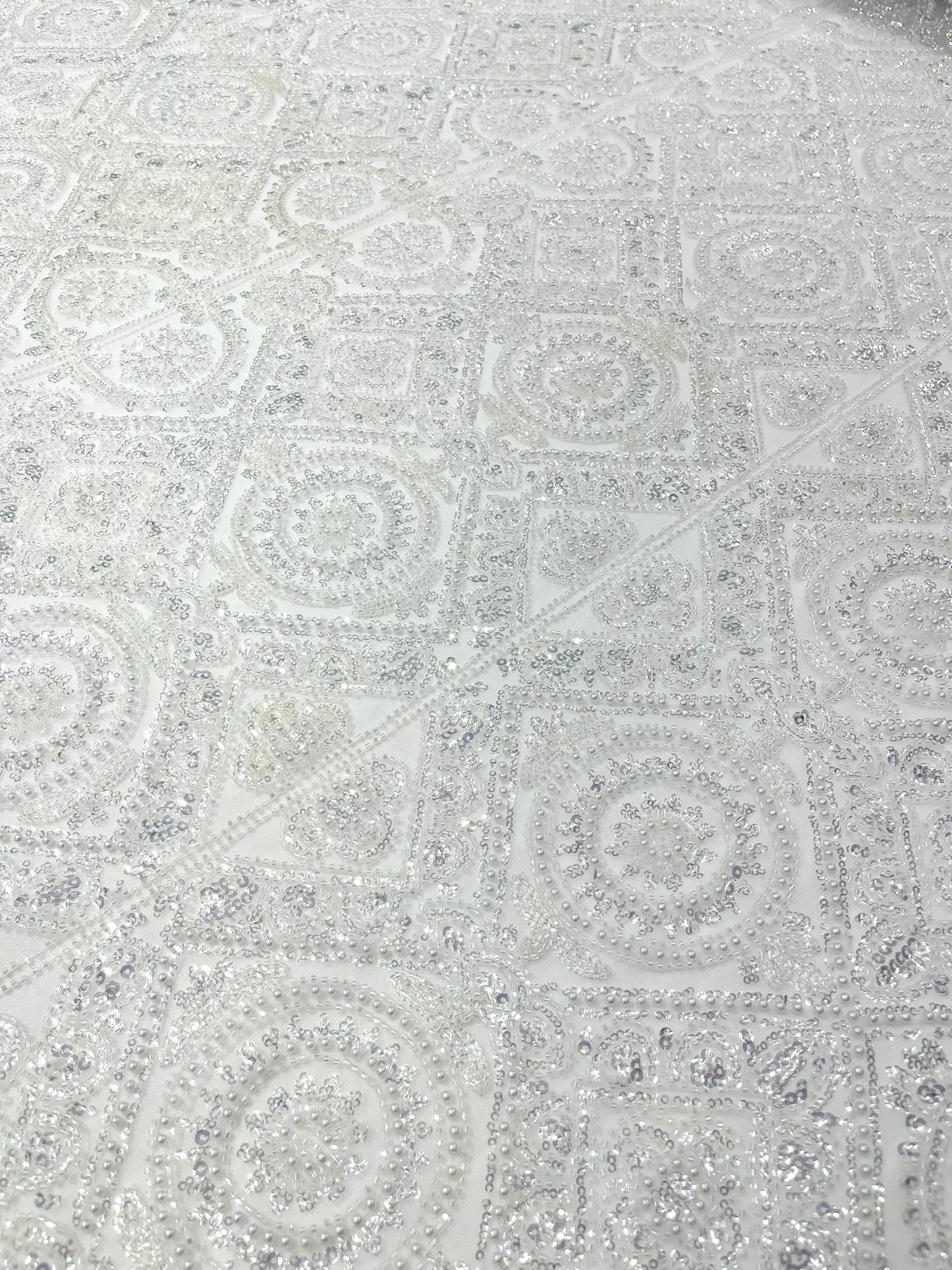 Beaded Lace Fabric, Heavy Embroidered Geometric Design on 58" Mesh