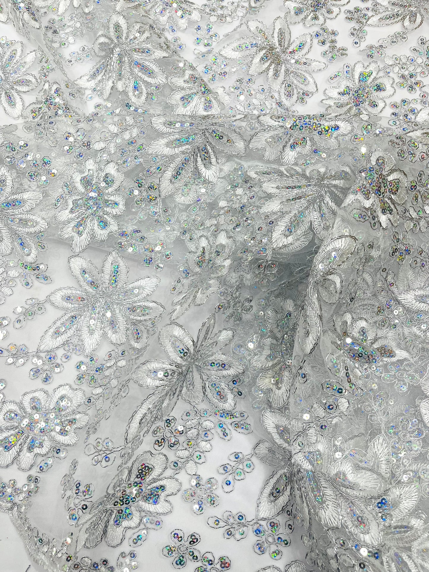 Metallic floral lace design embroidered 54" Wide | New Creations Fabric & Foam Inc.