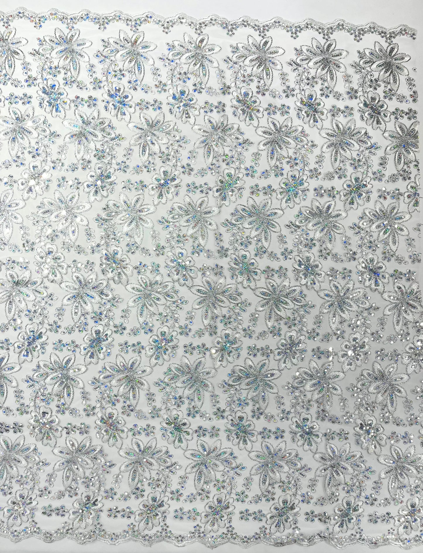 Metallic floral lace design embroidered 54" Wide | New Creations Fabric & Foam Inc.