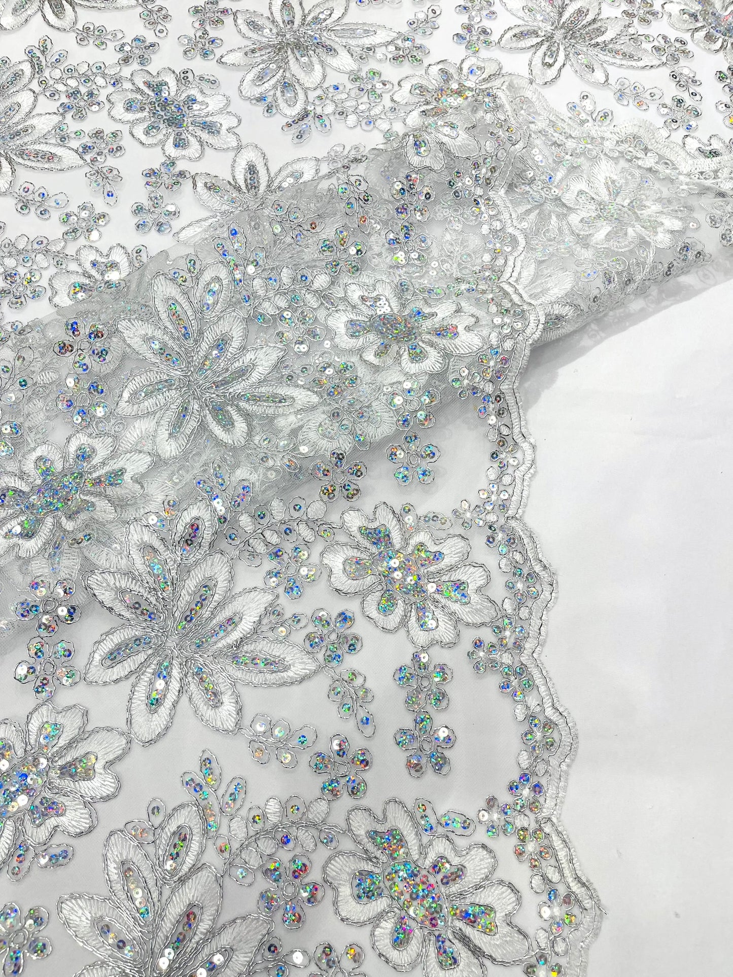 Metallic floral lace design embroidered 54" Wide | New Creations Fabric & Foam Inc.