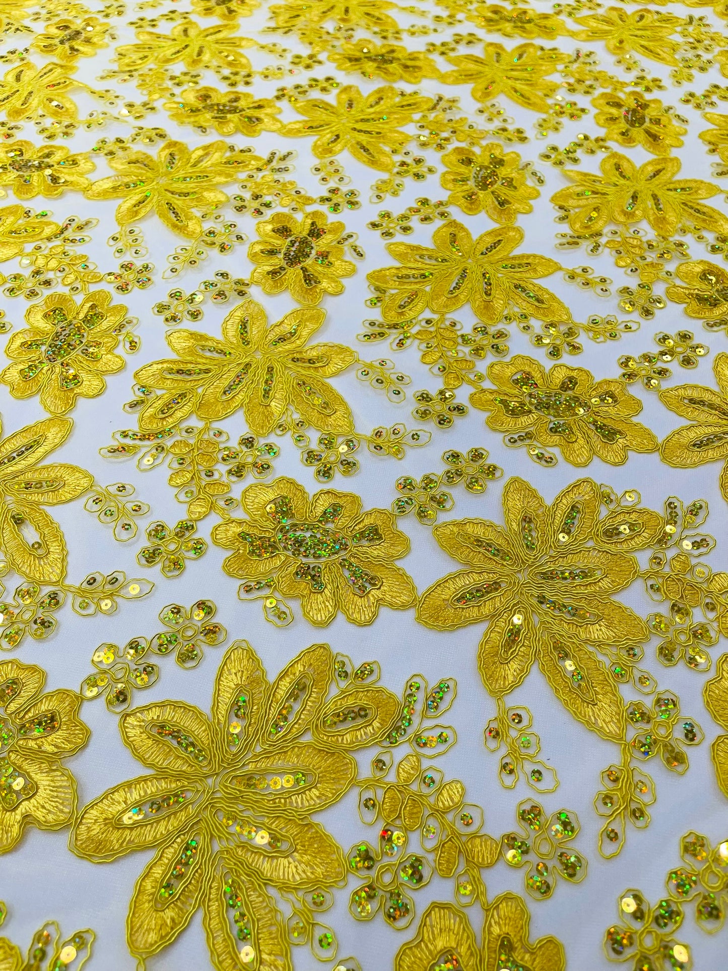 Metallic floral lace design embroidered 54" Wide | New Creations Fabric & Foam Inc.