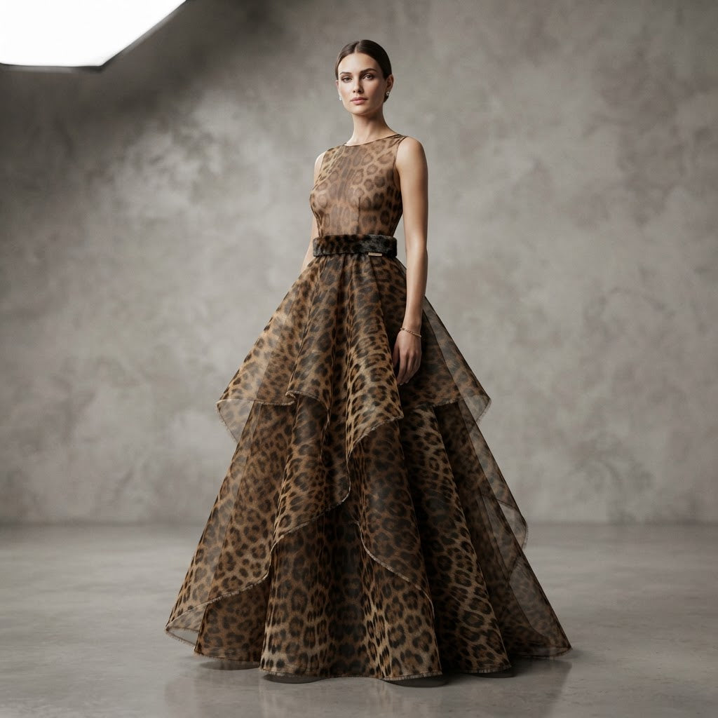 Gold Black Leopard Animal Print ON Liquid Organza Fabric | 58" Wide| Apparel| Dresses.