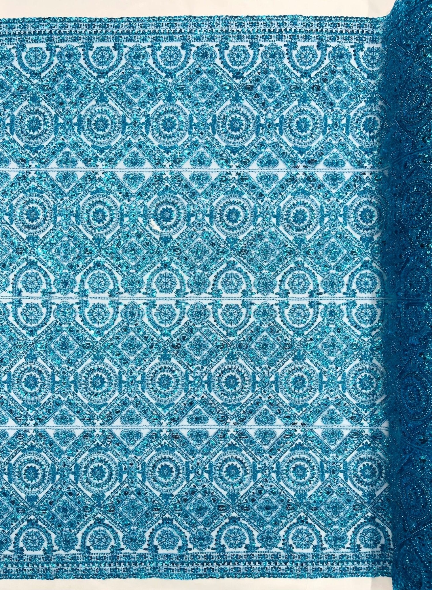 Beaded Lace Fabric, Heavy Embroidered Geometric Design on 58" Mesh - New Creations Fabric & Foam Inc