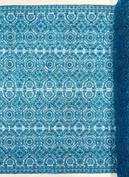 Beaded Lace Fabric, Heavy Embroidered Geometric Design on 58" Mesh - New Creations Fabric & Foam Inc
