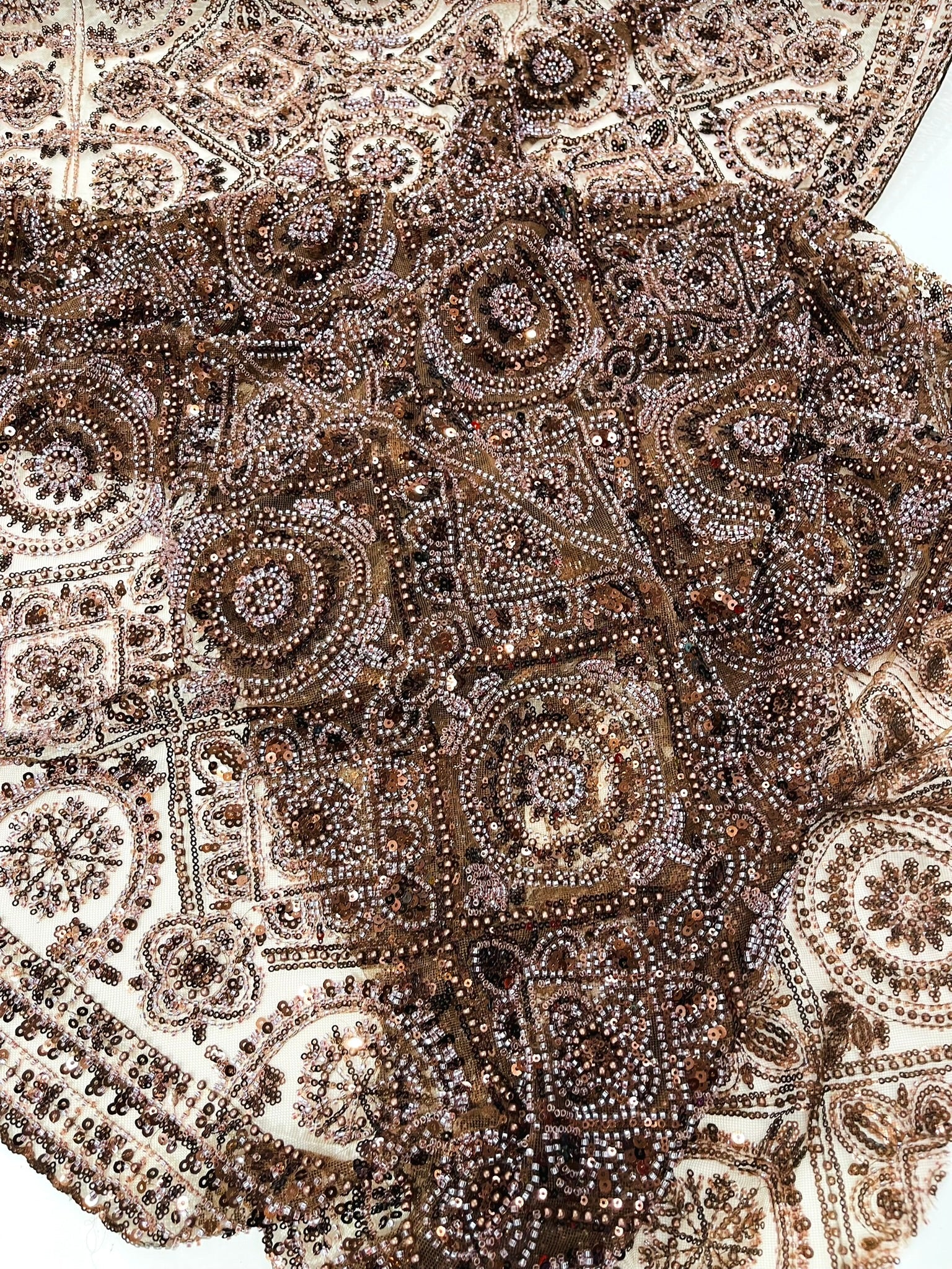 Beaded Lace Fabric, Heavy Embroidered Geometric Design on 58" Mesh - New Creations Fabric & Foam Inc