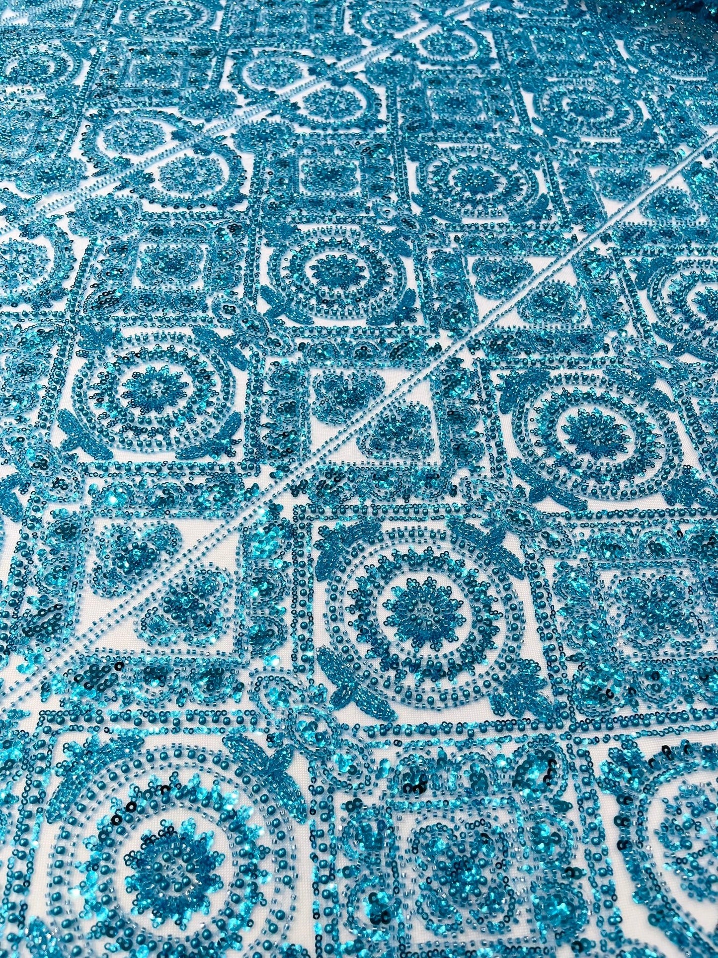 Beaded Lace Fabric, Heavy Embroidered Geometric Design on 58" Mesh - New Creations Fabric & Foam Inc