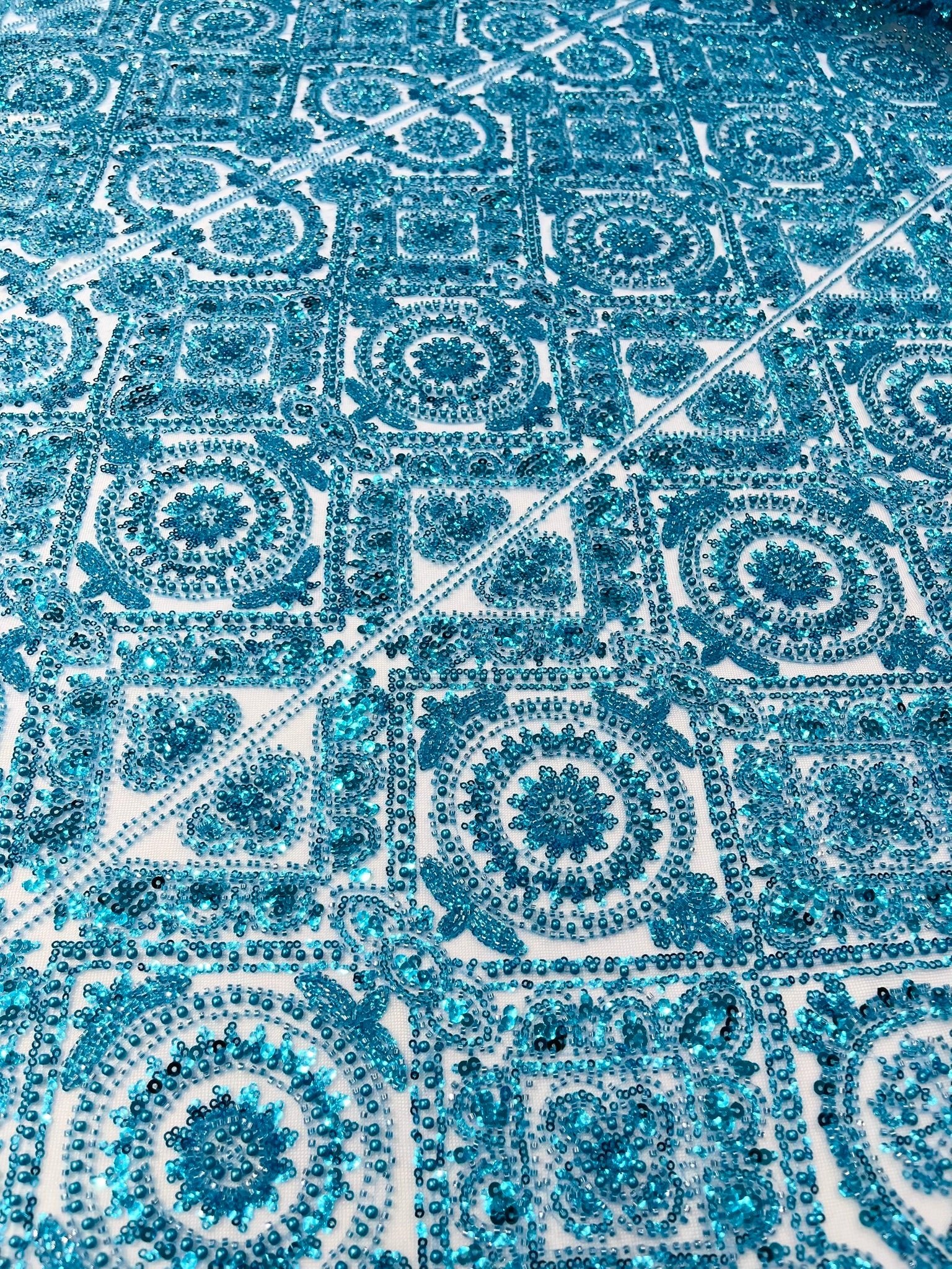 Beaded Lace Fabric, Heavy Embroidered Geometric Design on 58" Mesh - New Creations Fabric & Foam Inc