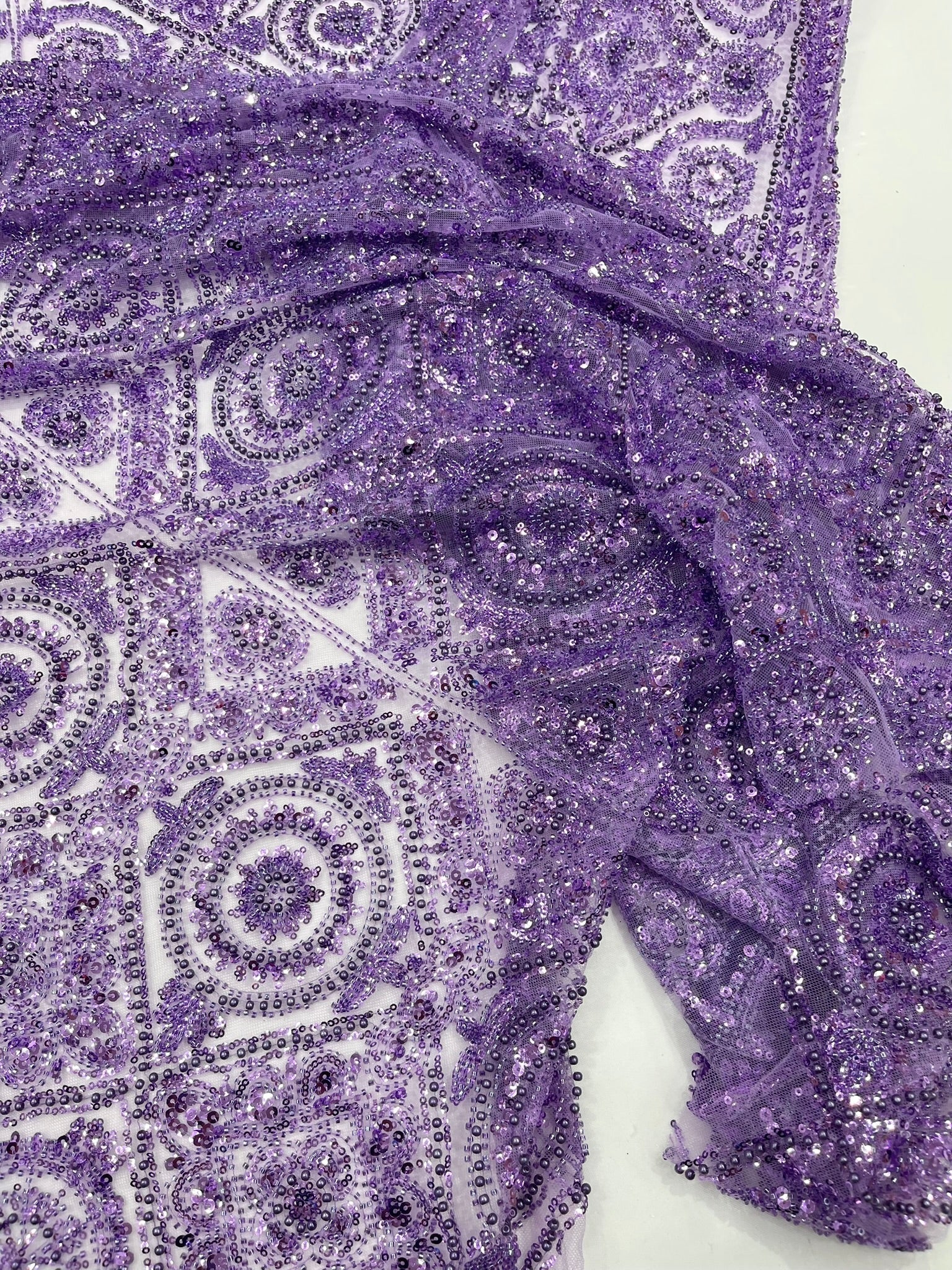 Beaded Lace Fabric, Heavy Embroidered Geometric Design on 58" Mesh - New Creations Fabric & Foam Inc