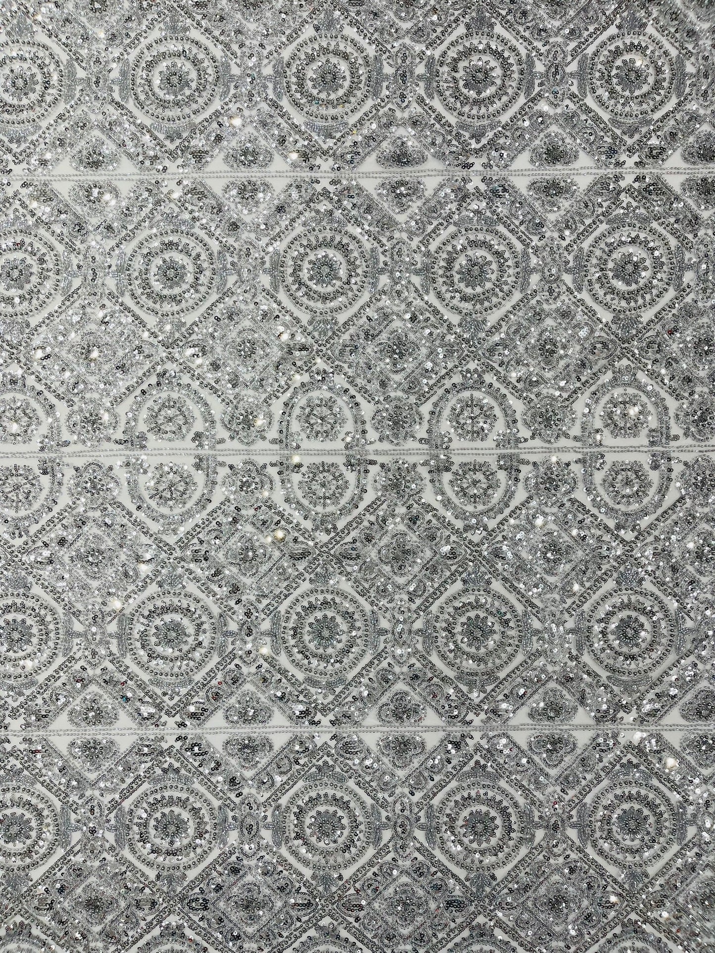 Beaded Lace Fabric, Heavy Embroidered Geometric Design on 58" Mesh - New Creations Fabric & Foam Inc