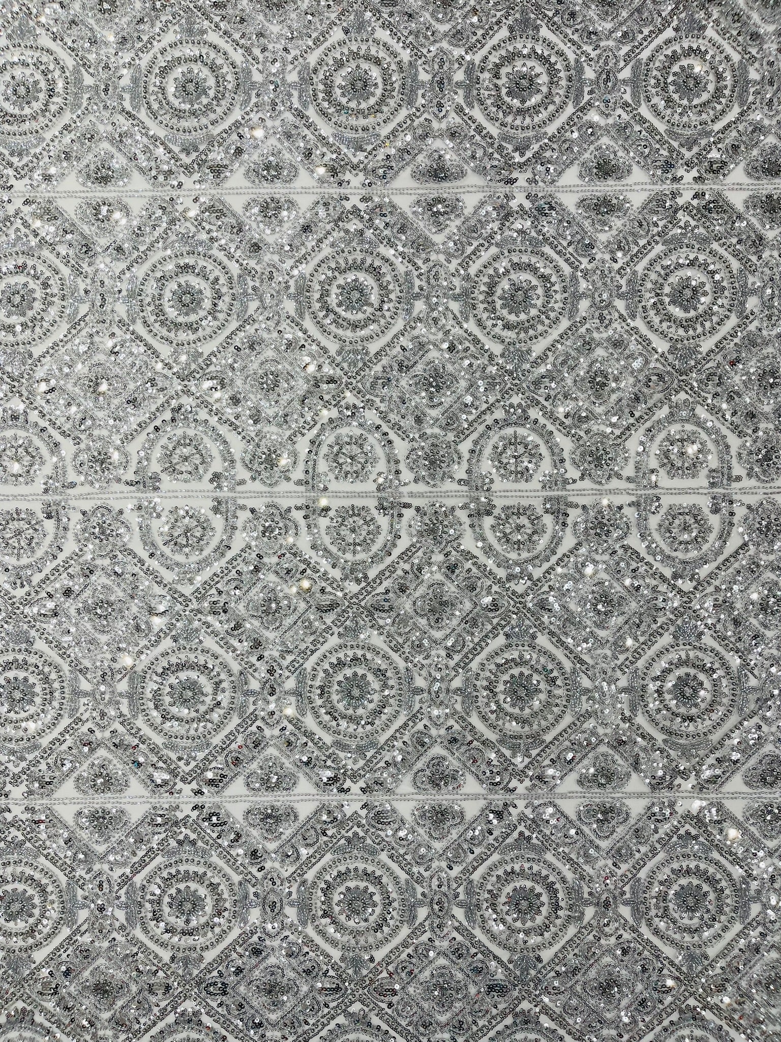 Beaded Lace Fabric, Heavy Embroidered Geometric Design on 58" Mesh - New Creations Fabric & Foam Inc