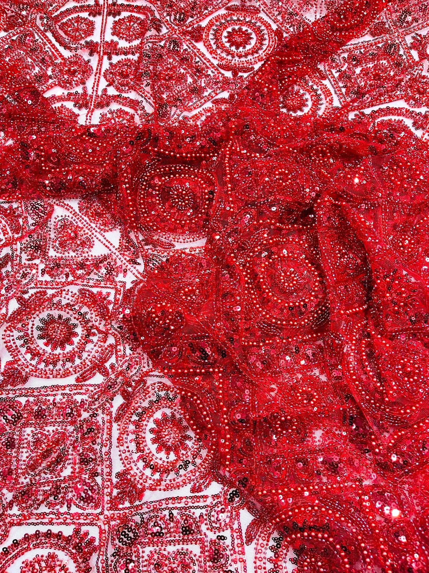 Beaded Lace Fabric, Heavy Embroidered Geometric Design on 58" Mesh - New Creations Fabric & Foam Inc