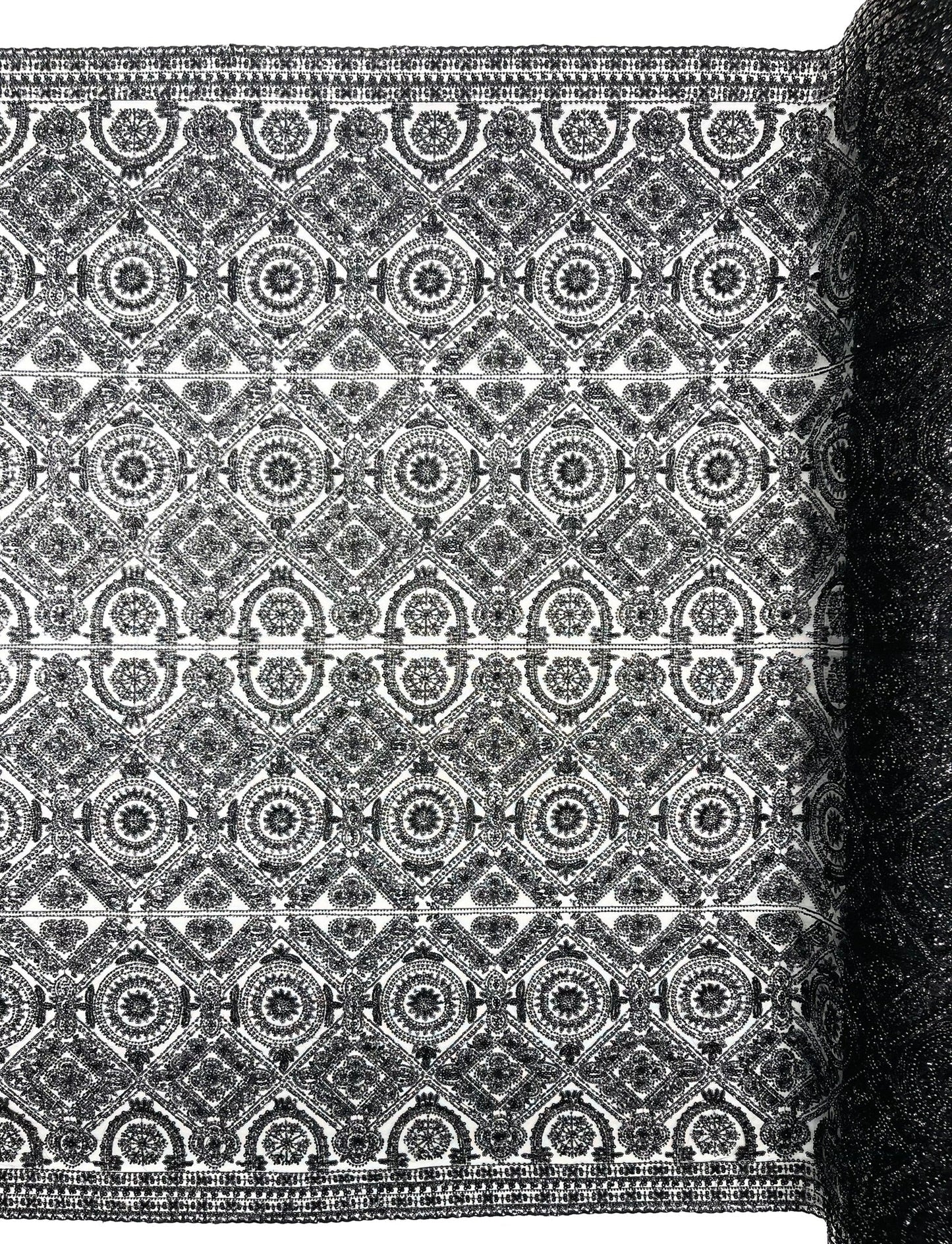 Beaded Lace Fabric, Heavy Embroidered Geometric Design on 58" Mesh - New Creations Fabric & Foam Inc