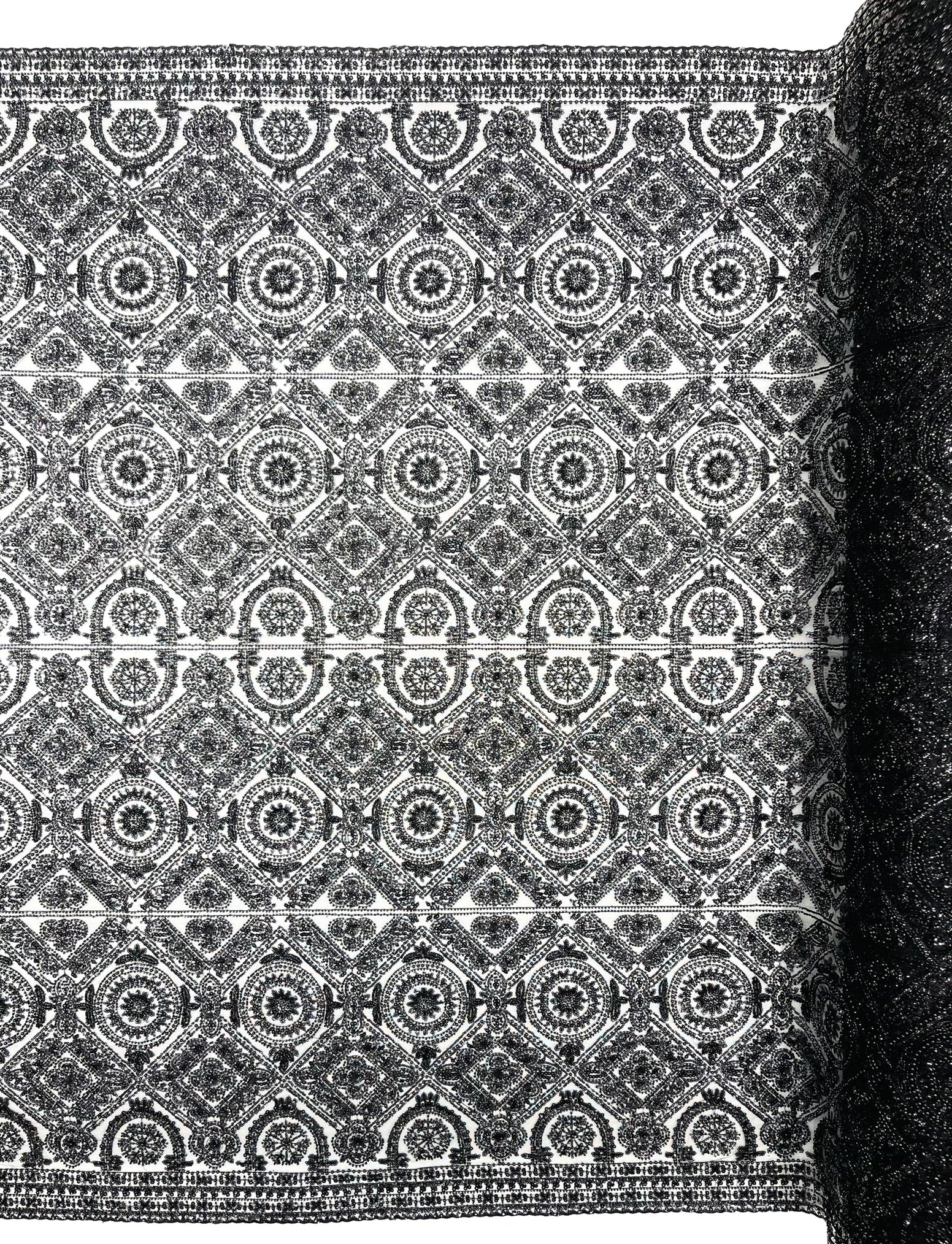 Beaded Lace Fabric, Heavy Embroidered Geometric Design on 58" Mesh - New Creations Fabric & Foam Inc