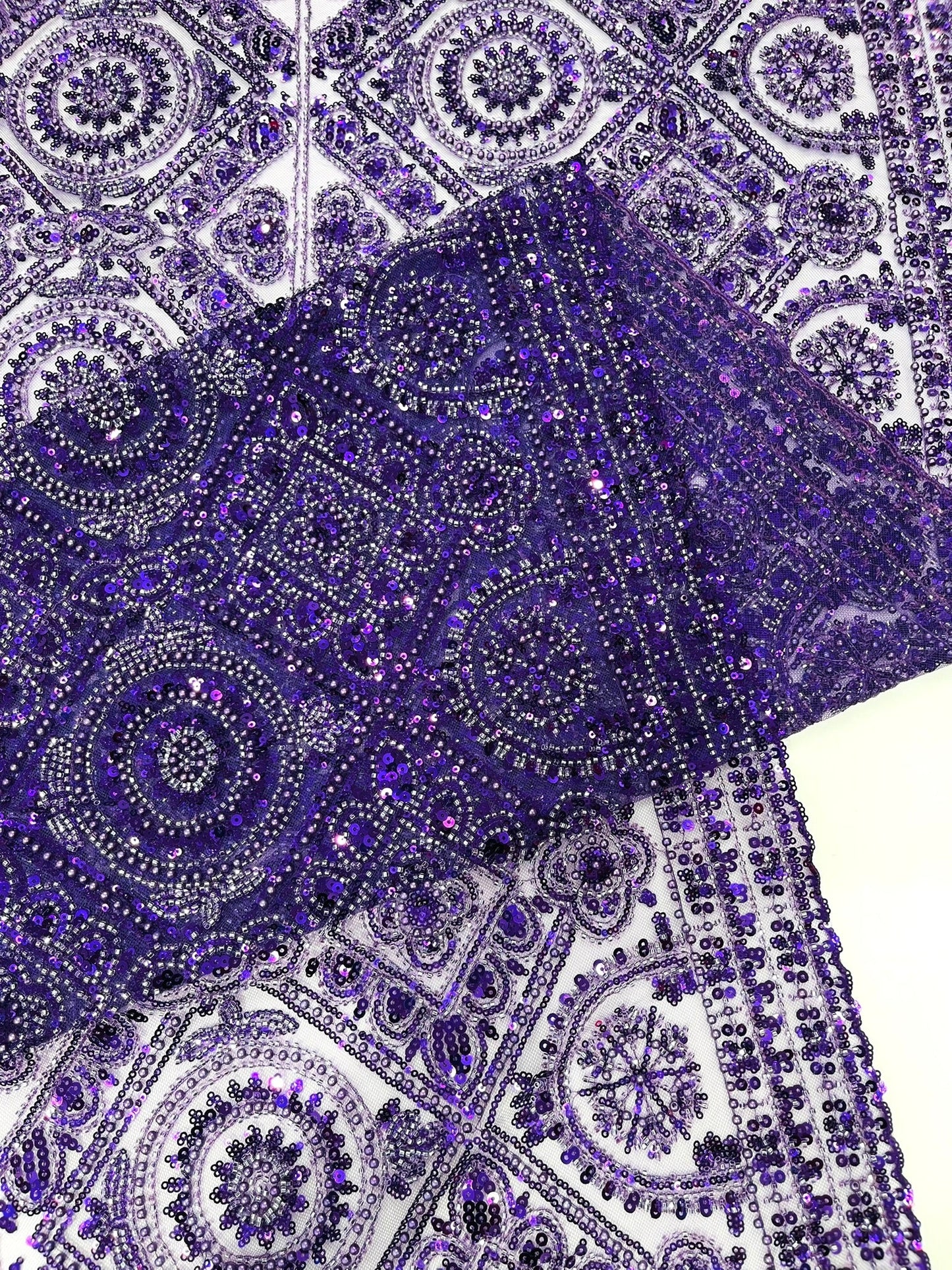 Beaded Lace Fabric, Heavy Embroidered Geometric Design on 58" Mesh - New Creations Fabric & Foam Inc