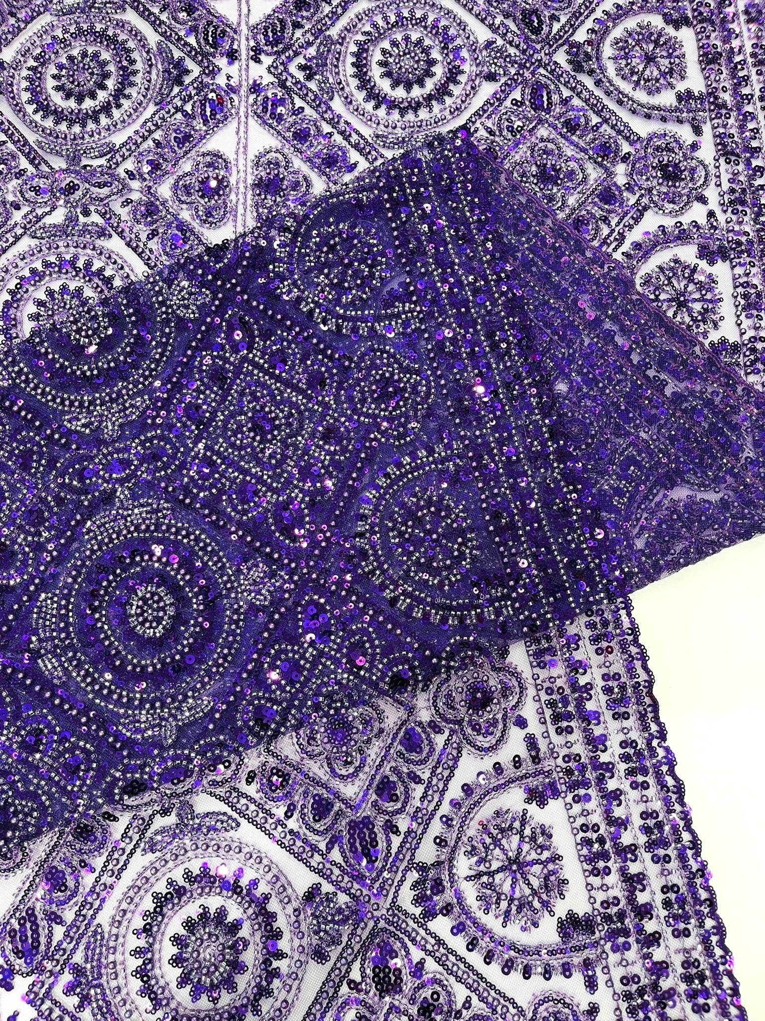 Beaded Lace Fabric, Heavy Embroidered Geometric Design on 58" Mesh - New Creations Fabric & Foam Inc