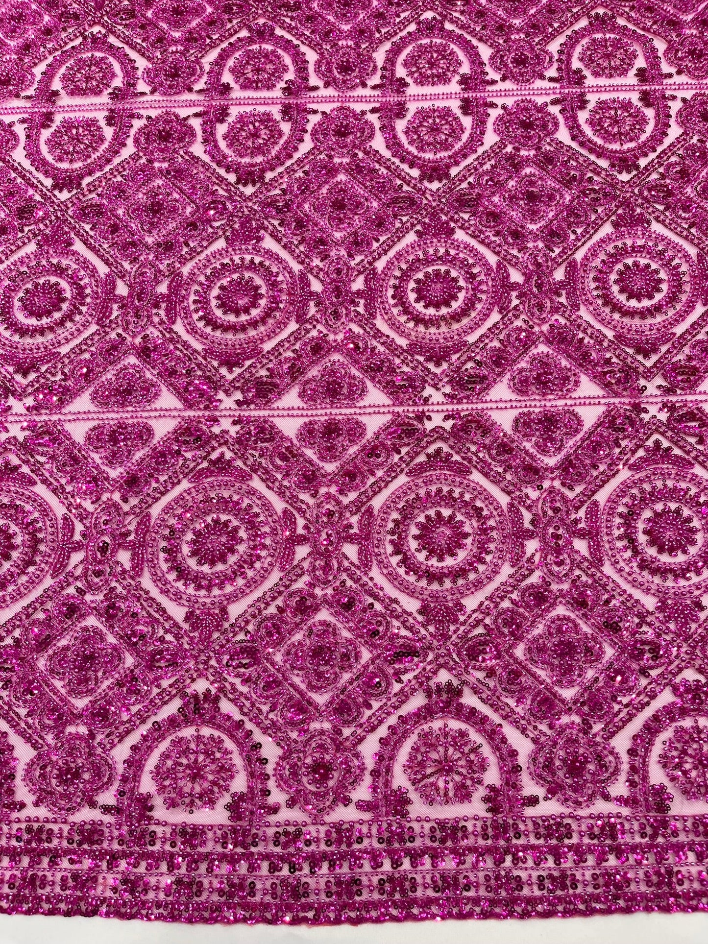 Beaded Lace Fabric, Heavy Embroidered Geometric Design on 58" Mesh - New Creations Fabric & Foam Inc